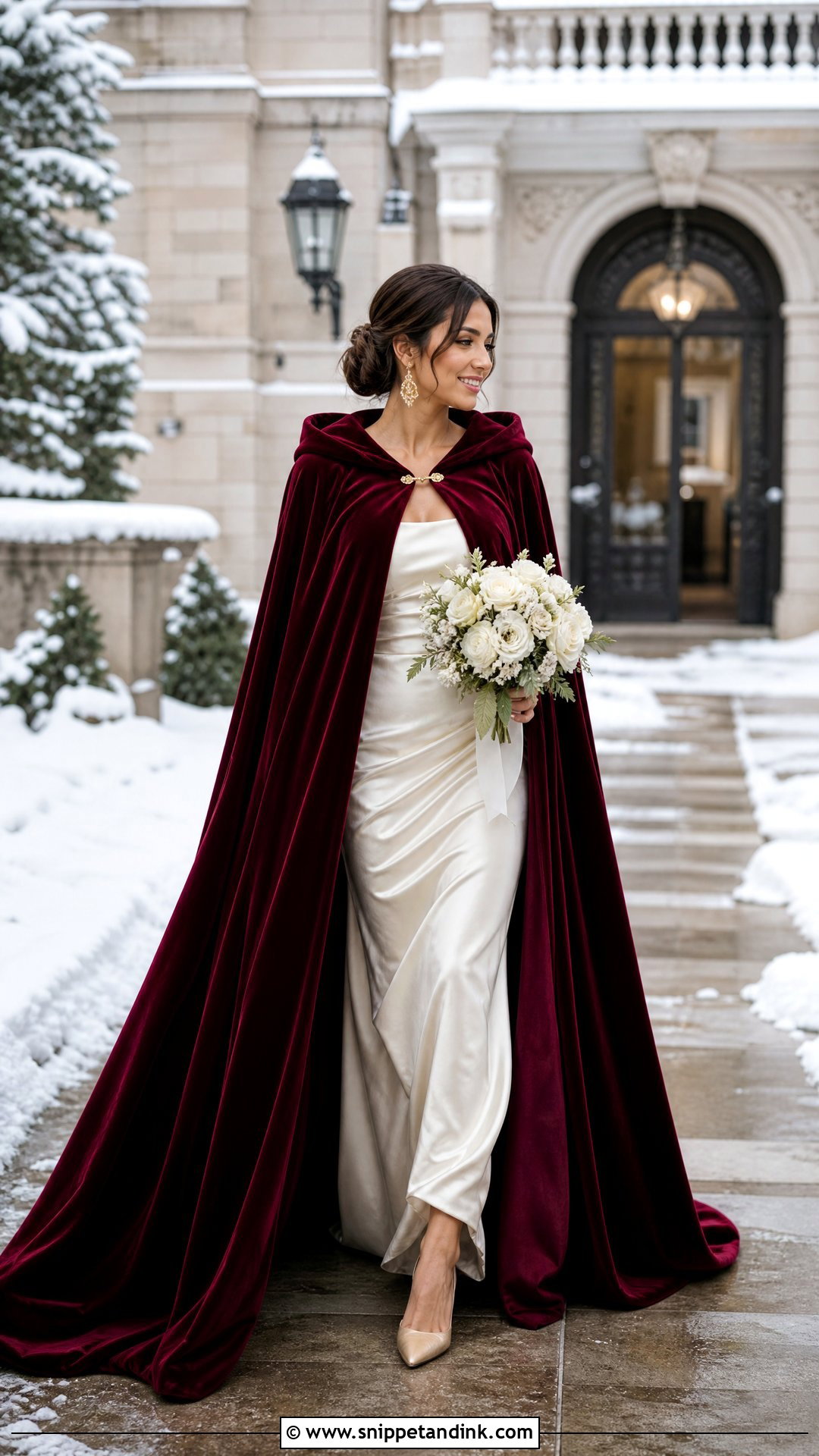 Burgundy Winter Wedding Cape With Satin Gown - Snippet and Ink - 20 Winter Wedding Cape Ideas