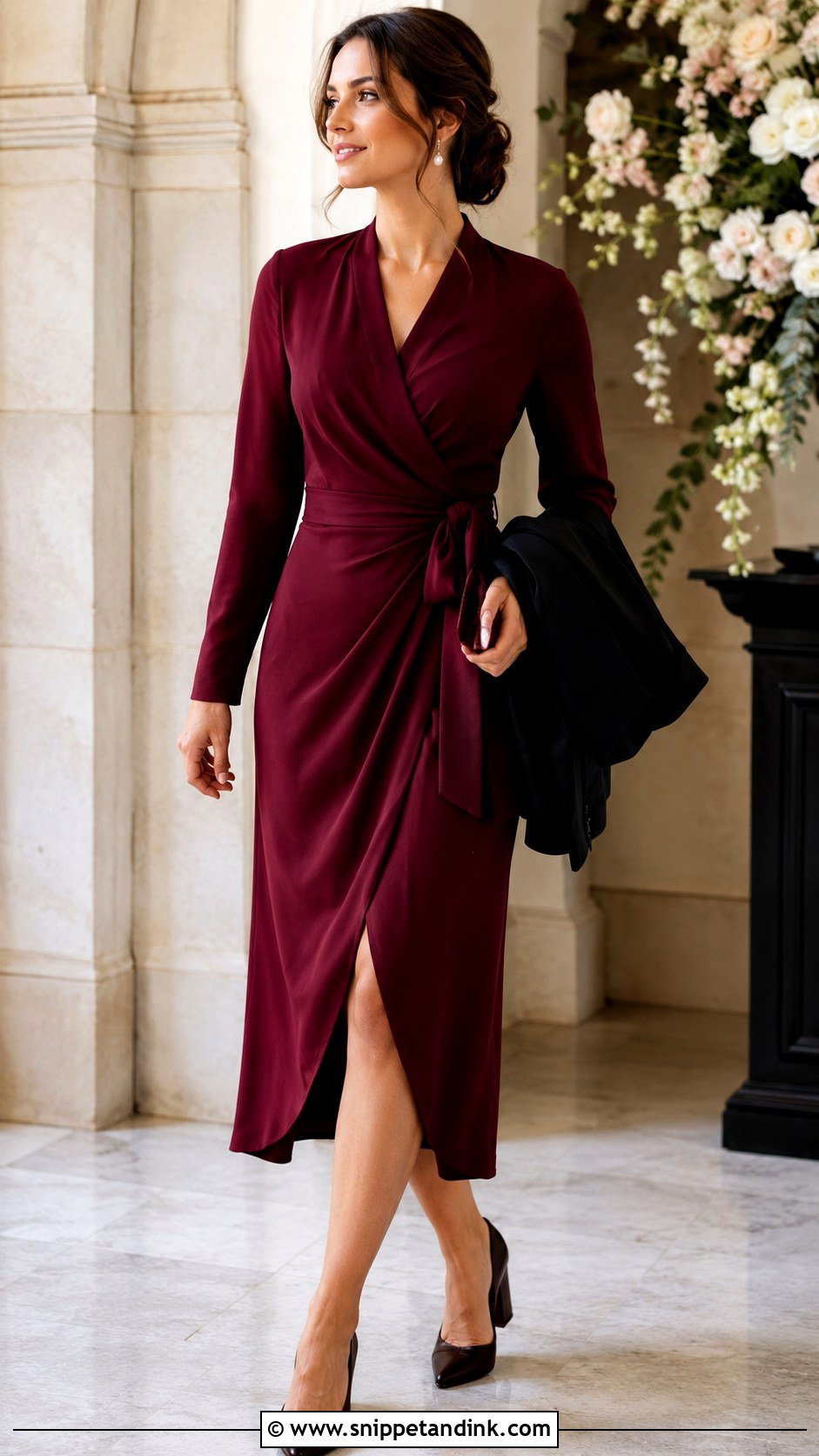 Burgundy Wrap Dress Wedding Officiant Outfit - Snippet and Ink - 20 Wedding Officiant Attire Women Ideas