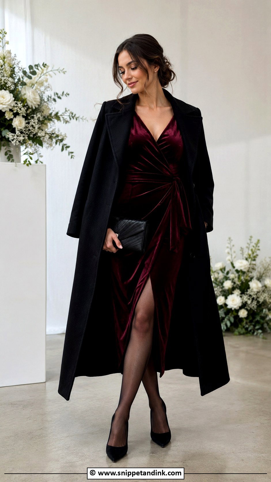 Burgundy Wrap Dress With Black Heels - Snippet and Ink - 35 Winter Wedding Dress Ideas