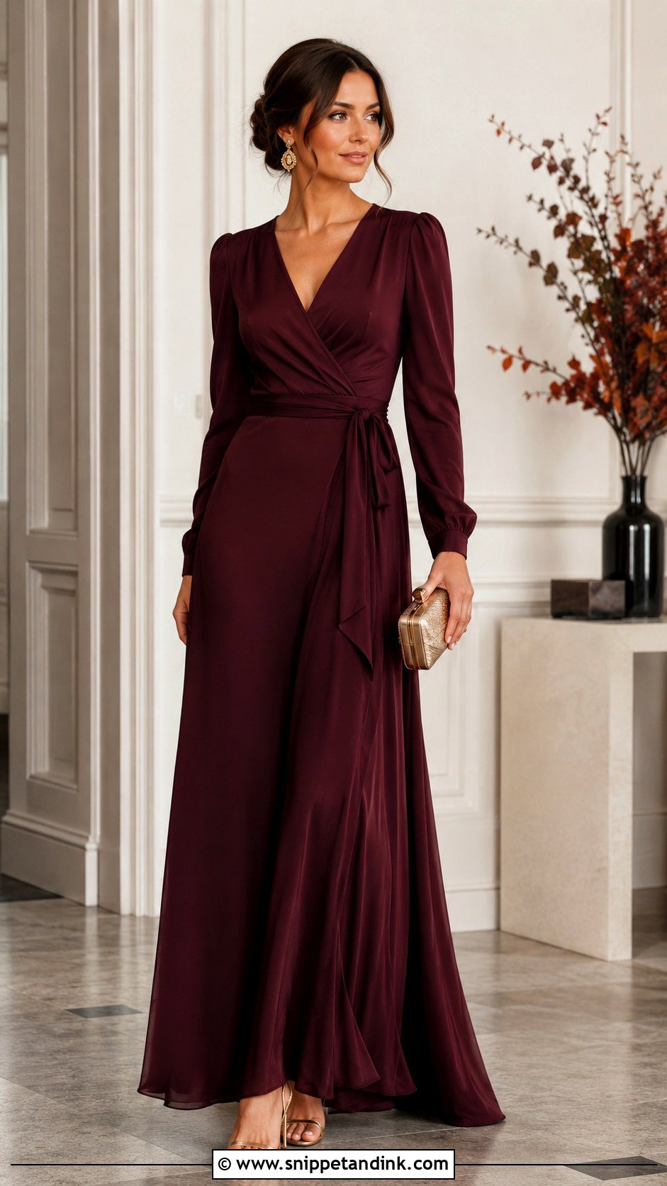 Burgundy Wrap Gown With Gold Heels - Snippet and Ink - 20 Simple Gown Ideas