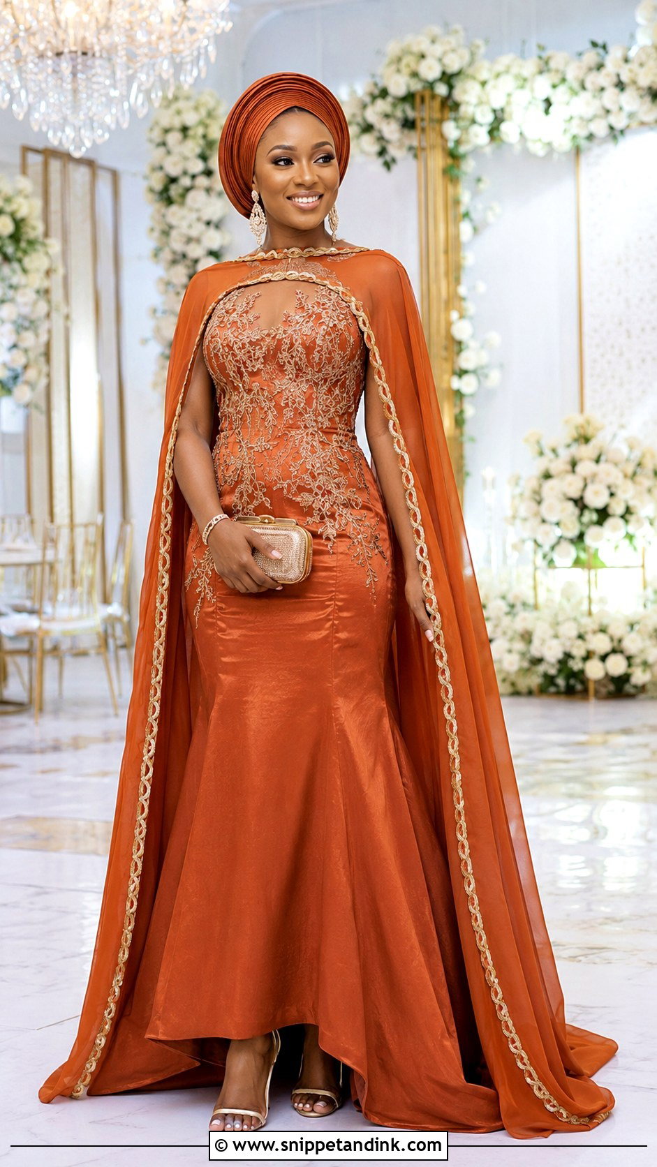 Burnt Orange A Line Gown With Cape - Snippet and Ink - 20 Burnt Orange Traditional Wedding Attire Ideas