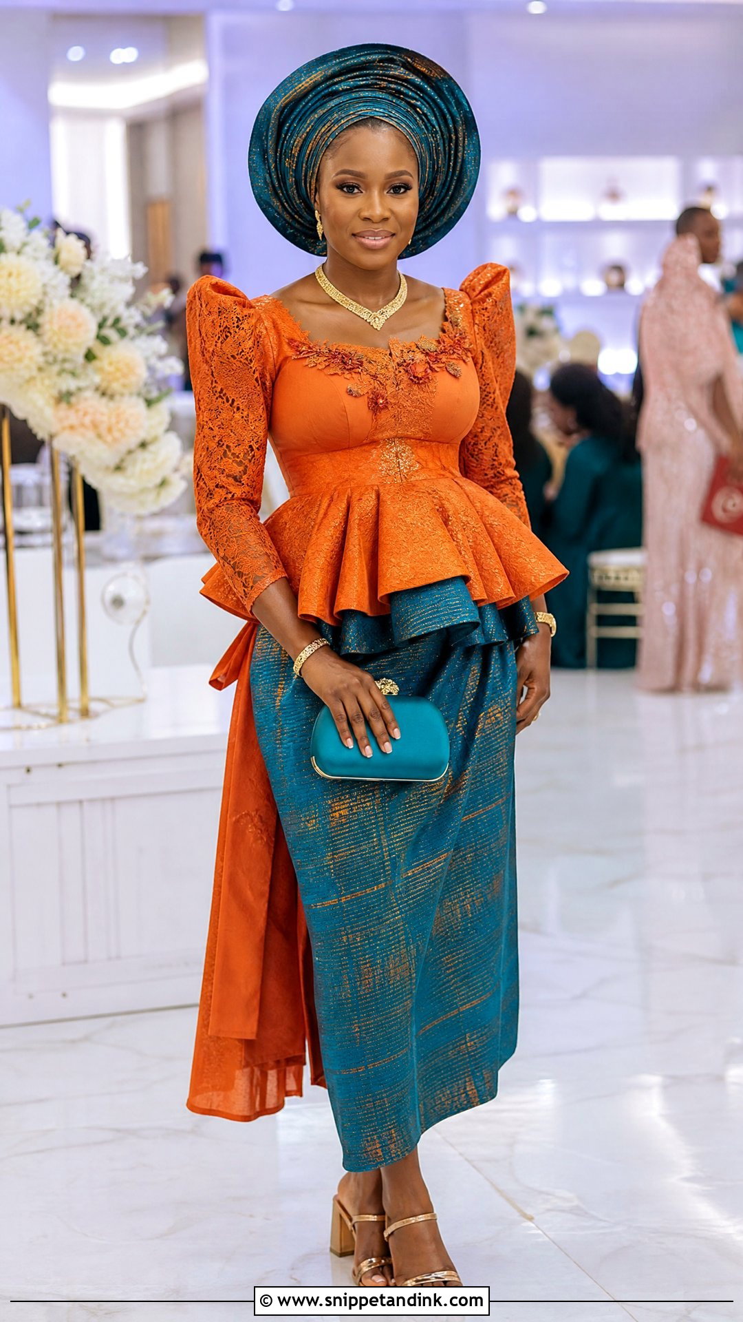 Burnt Orange And Teal Aso Oke Outfit - Snippet and Ink - 20 Yoruba Introduction Outfit Ideas