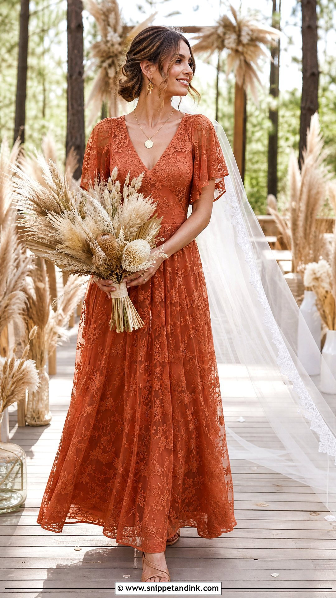 Burnt Orange Boho Lace Wedding Dress - Snippet and Ink - 25 Burnt Orange Wedding Dress Ideas
