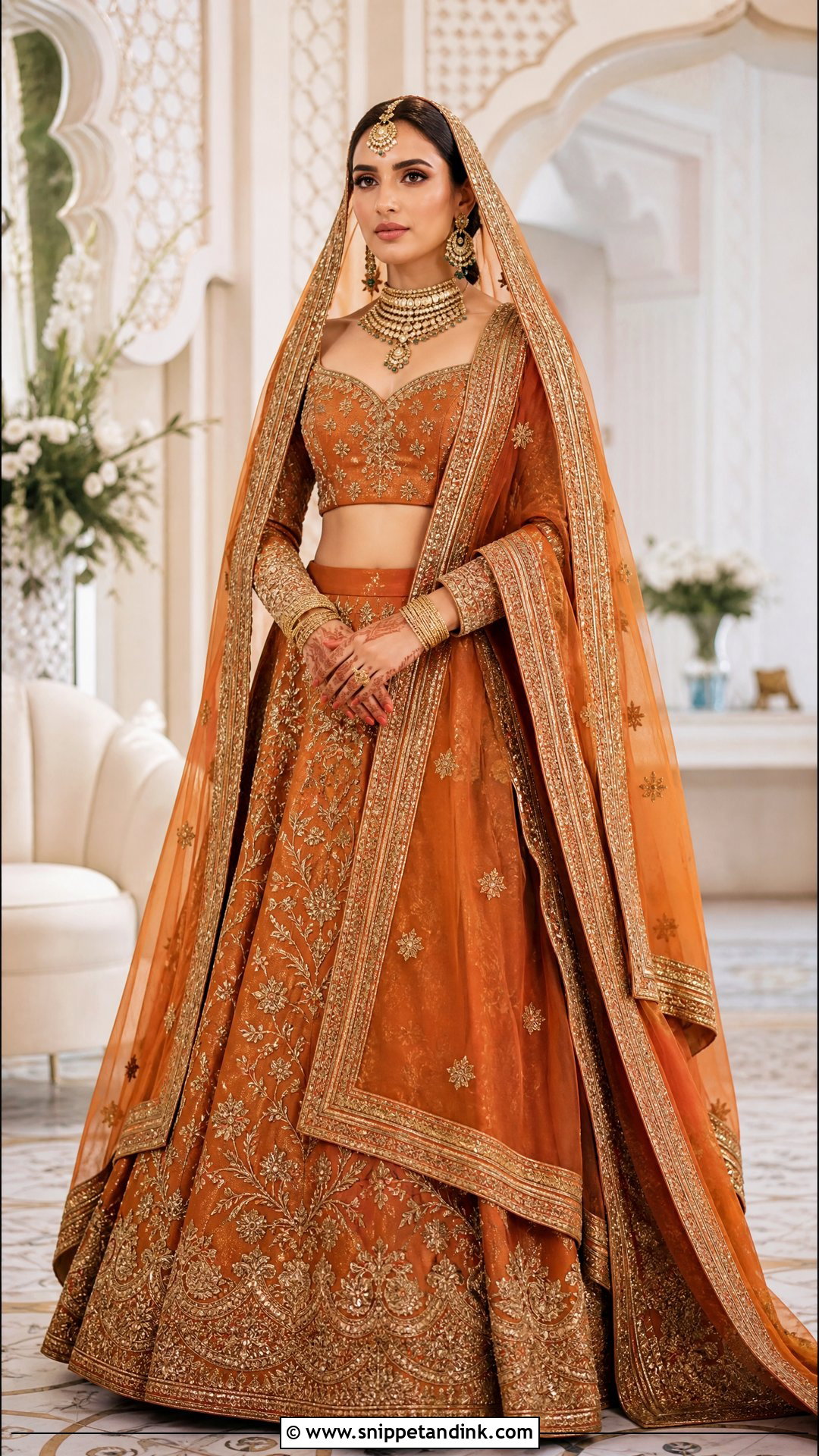 Burnt Orange Bridal Lehenga With Gold Jewelry - Snippet and Ink - 20 Orange Bridal Dress Ideas