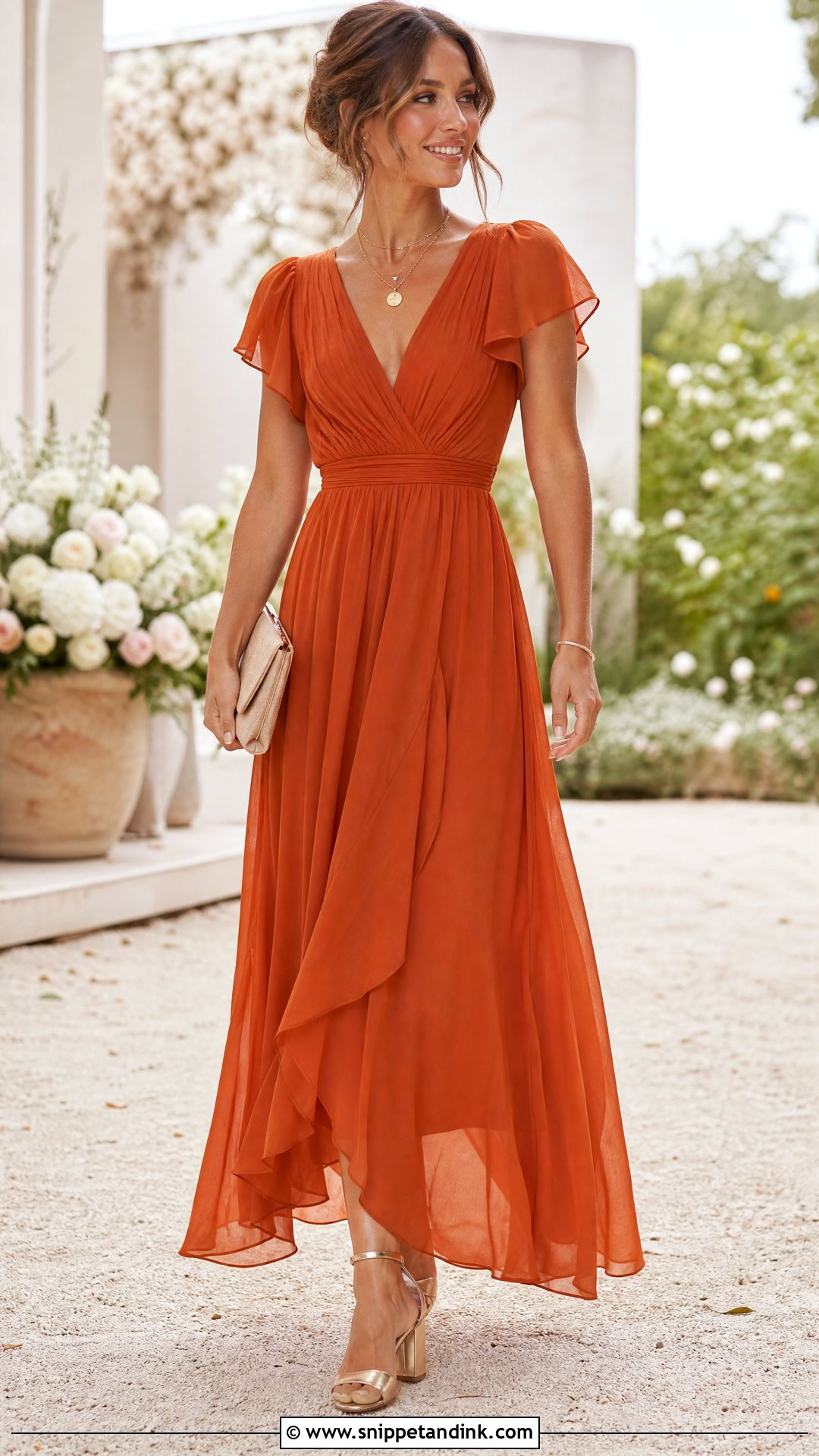 Burnt Orange Chiffon Maxi Dress Wedding Outfit - Snippet and Ink - 25 Burnt Orange Dress Wedding Outfit Ideas