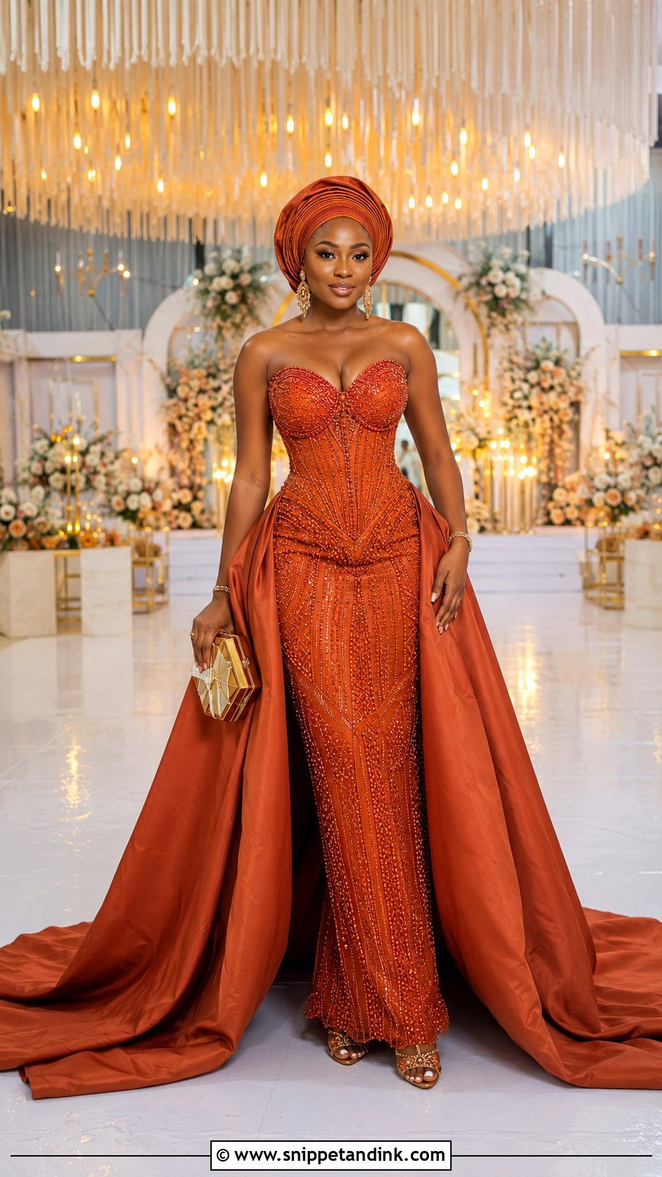 Burnt Orange Corset Gown With Detachable Train - Snippet and Ink - 20 Burnt Orange Traditional Wedding Attire Ideas