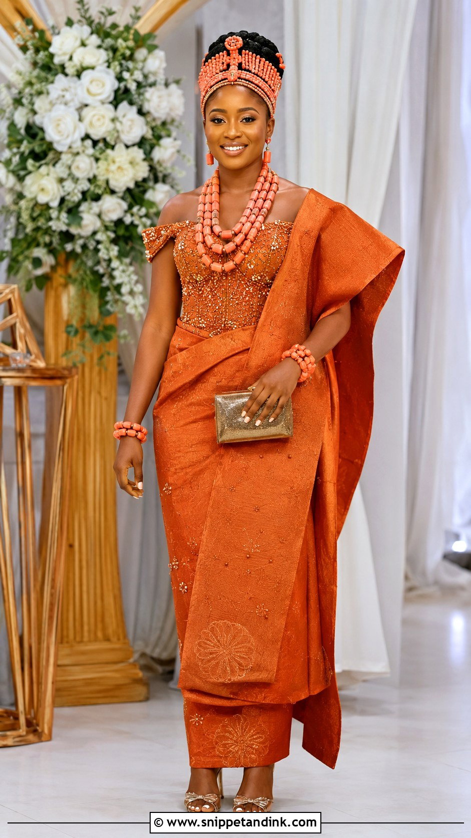 Burnt Orange Double Wrapper With Coral Beads - Snippet and Ink - 20 Burnt Orange Traditional Wedding Attire Ideas