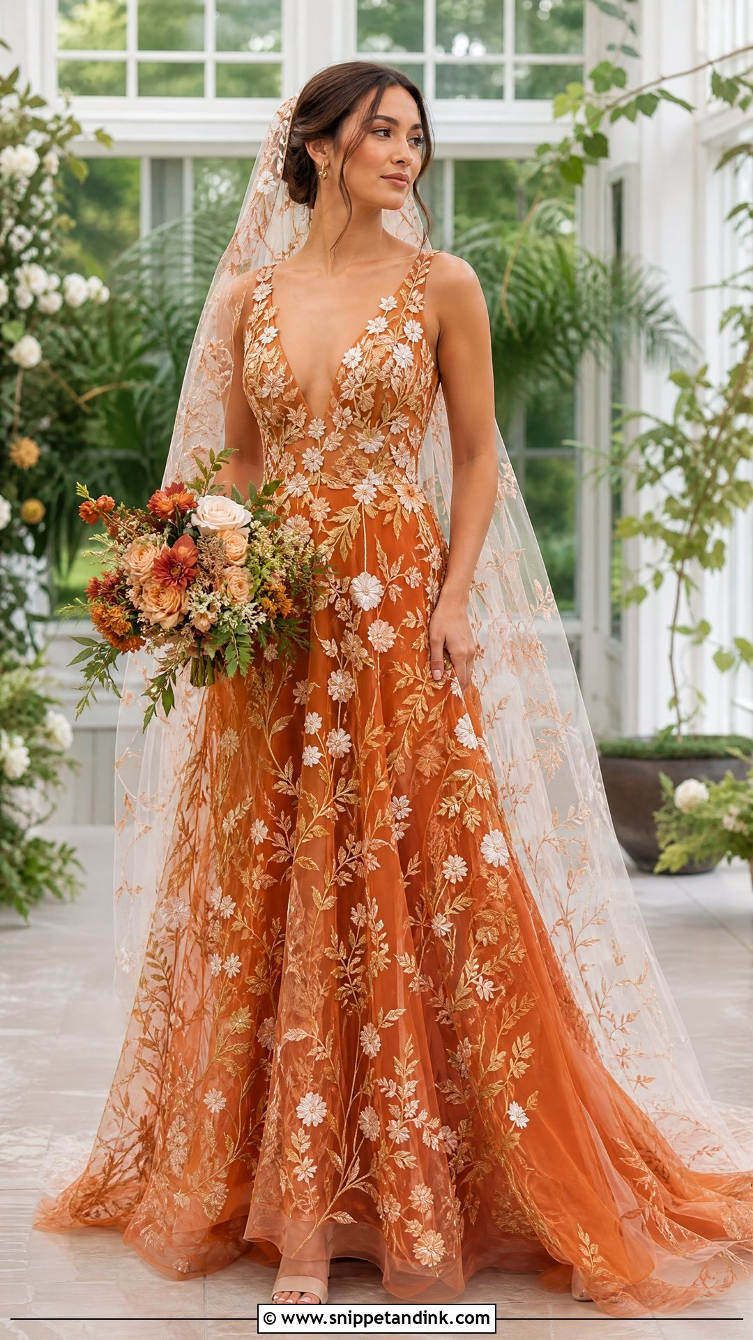 Burnt Orange Floral Embroidered Wedding Dress - Snippet and Ink - 25 Burnt Orange Wedding Dress Ideas