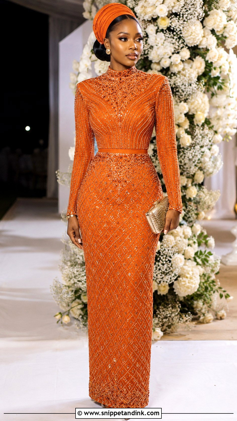 Burnt Orange High Neck Beaded Gown - Snippet and Ink - 20 Burnt Orange Traditional Wedding Attire Ideas