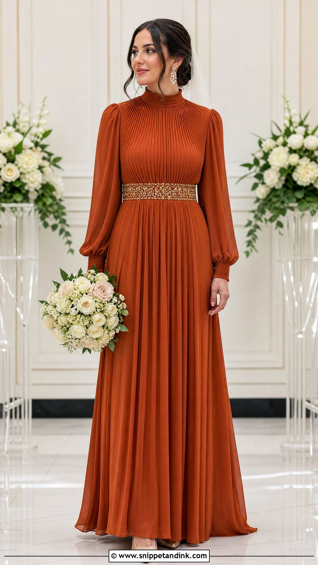 Burnt Orange High Neck Pleated Wedding Dress - Snippet and Ink - 25 Burnt Orange Wedding Dress Ideas