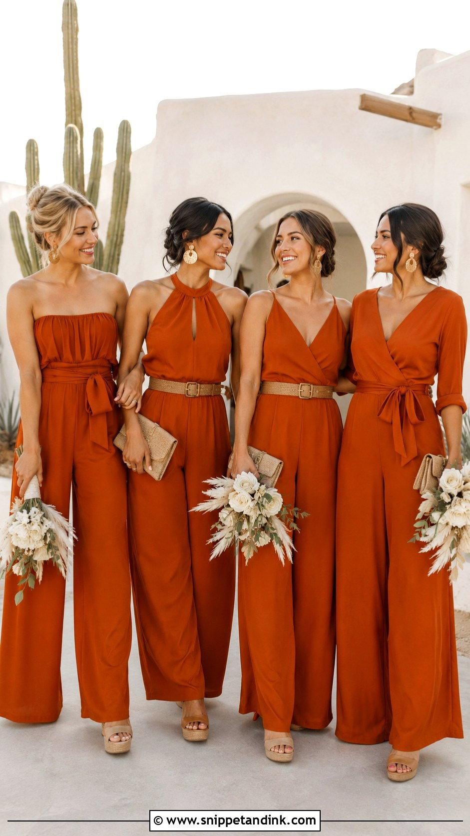 Burnt Orange Jumpsuit Boho Bridal Party Look - Snippet and Ink - 20 Boho Bridal Party Ideas