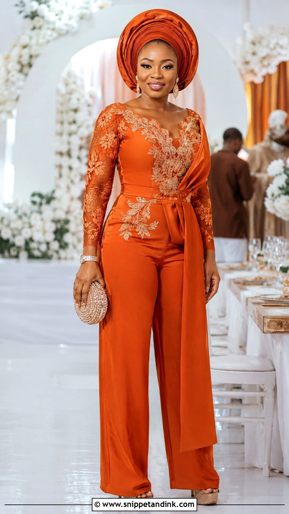 Burnt Orange Jumpsuit With Gele - Snippet and Ink - 20 Burnt Orange Traditional Wedding Attire Ideas