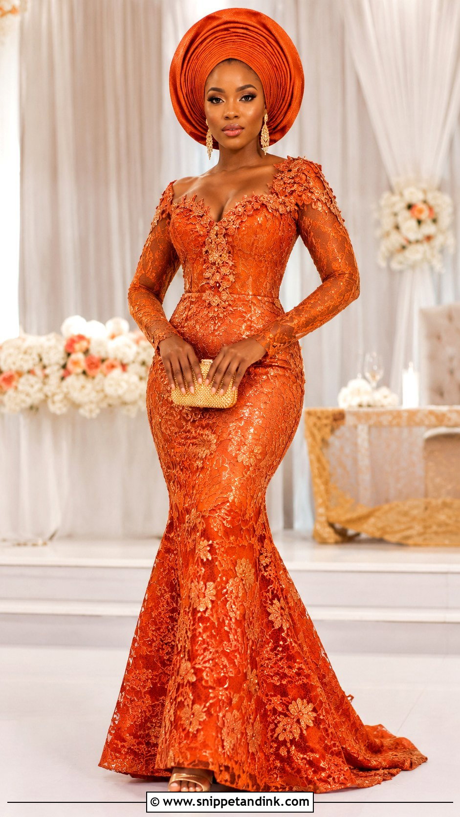 Burnt Orange Lace Mermaid Gown With Gele - Snippet and Ink - 20 Burnt Orange Traditional Wedding Attire Ideas
