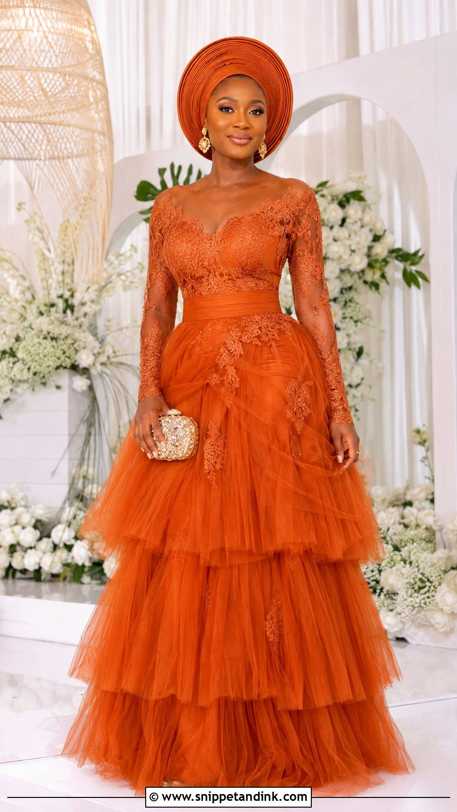 Burnt Orange Layered Tulle And Lace Gown - Snippet and Ink - 20 Burnt Orange Traditional Wedding Attire Ideas
