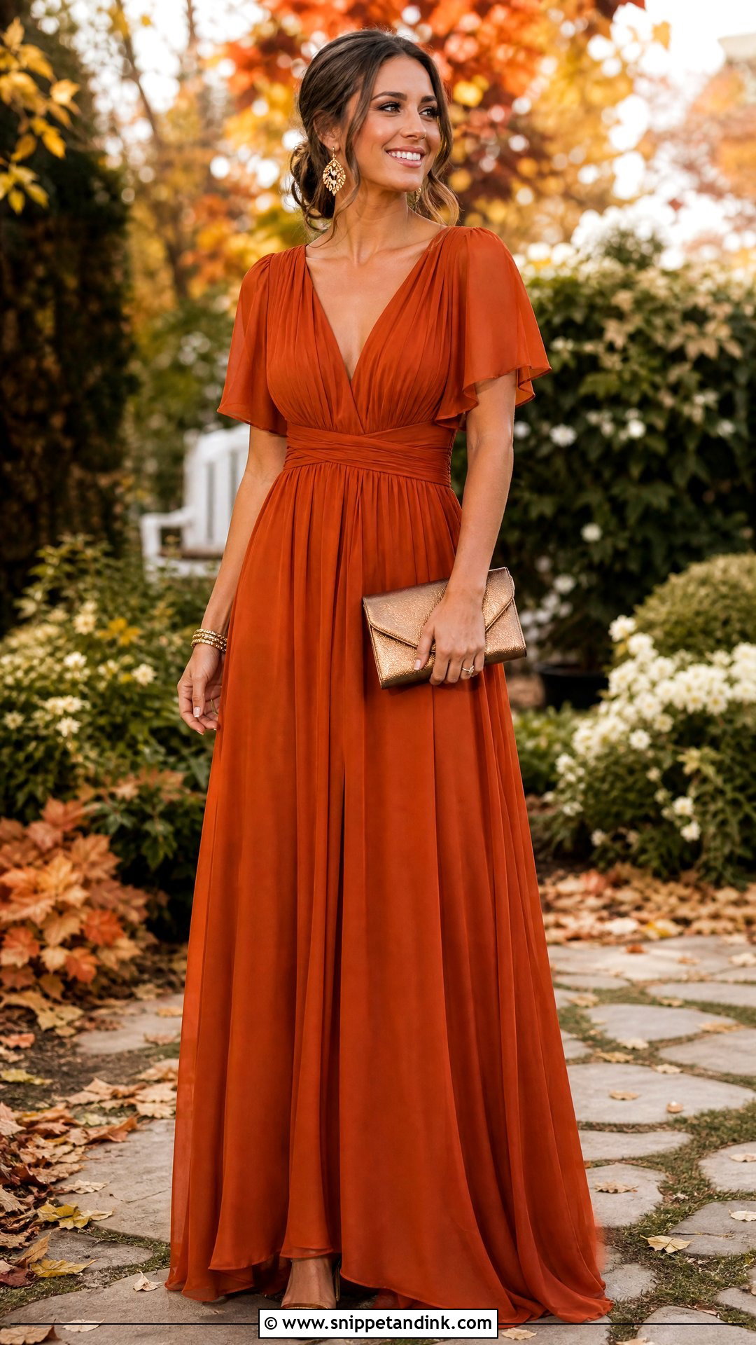 Burnt Orange Maxi Dress Wedding Outfit - Snippet and Ink - 25 Fall Wedding Outfits