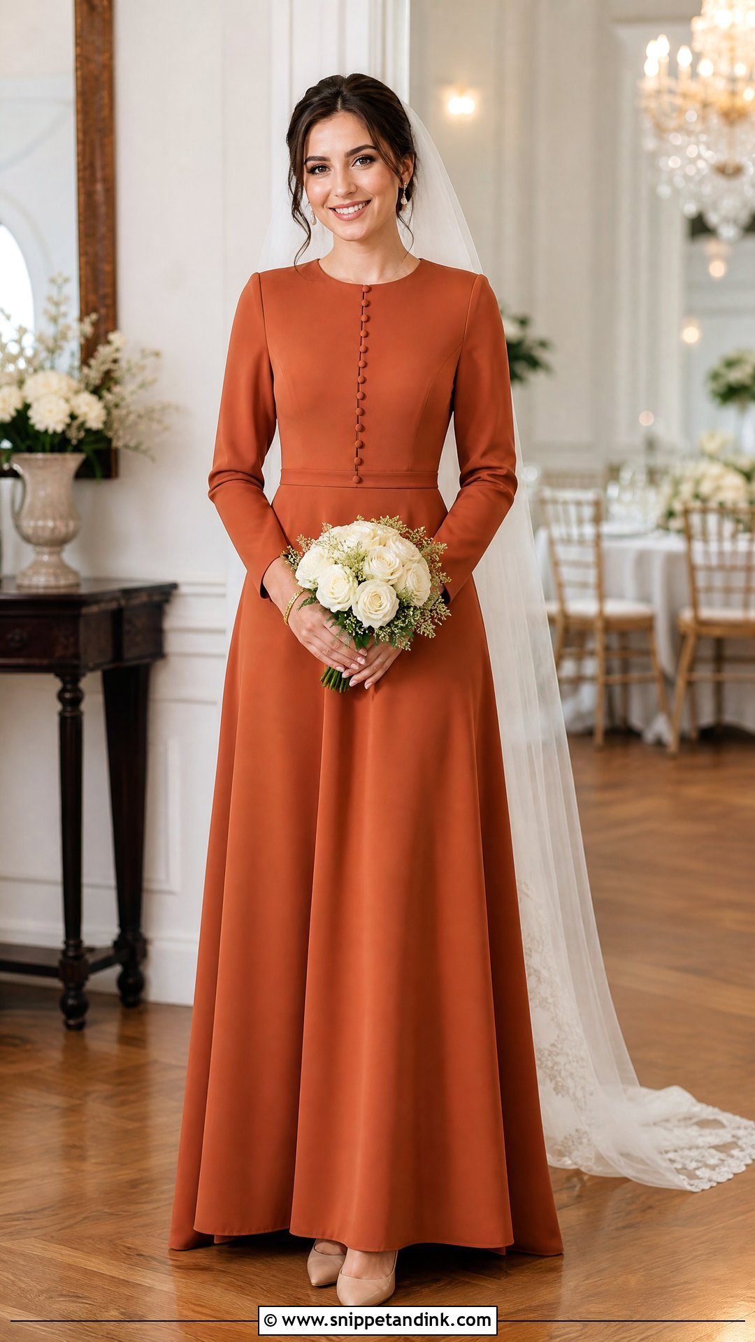 Burnt Orange Modest Long Sleeve Wedding Dress - Snippet and Ink - 25 Burnt Orange Wedding Dress Ideas