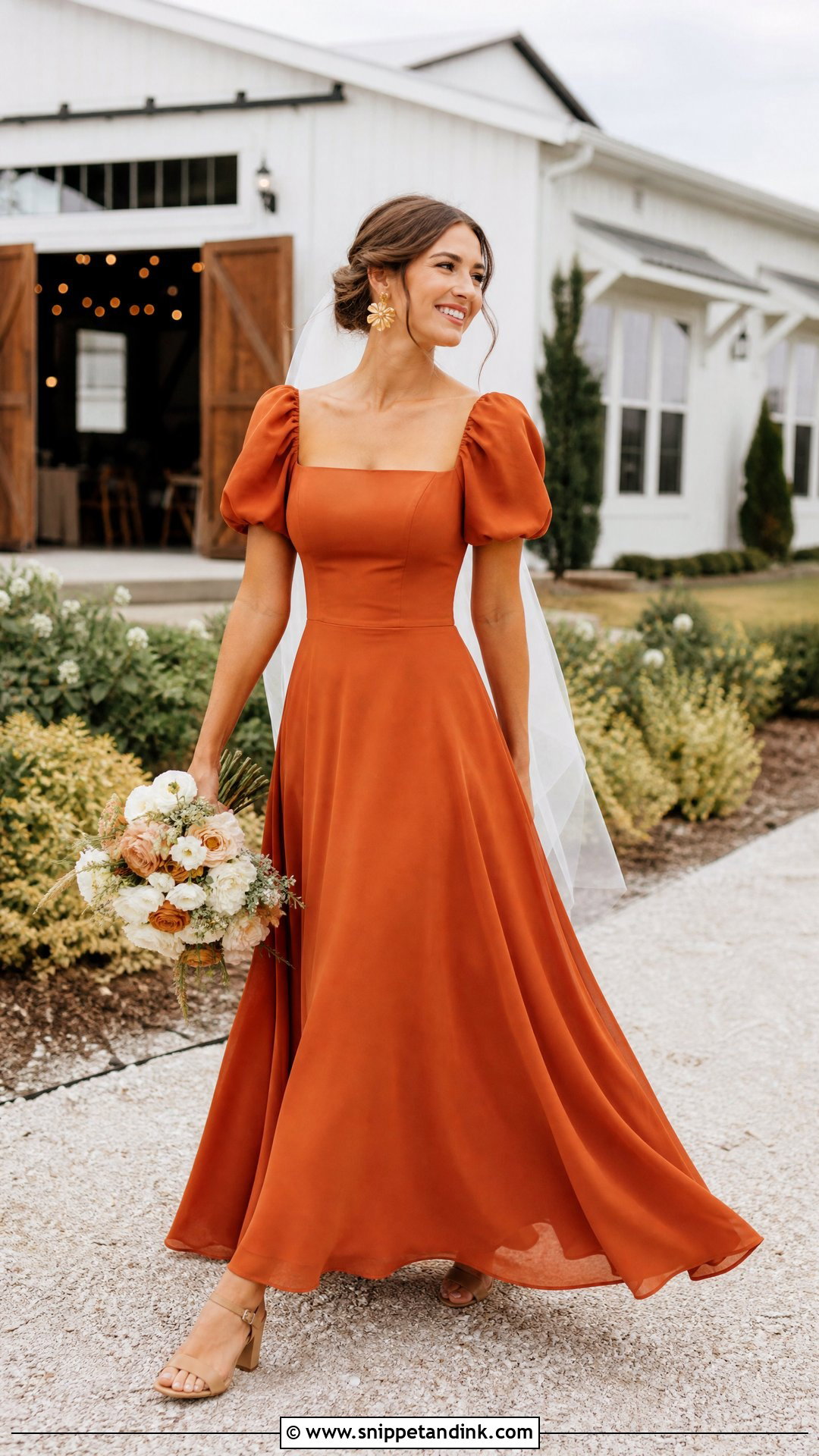 Burnt Orange Puff Sleeve Wedding Dress - Snippet and Ink - 25 Burnt Orange Wedding Dress Ideas