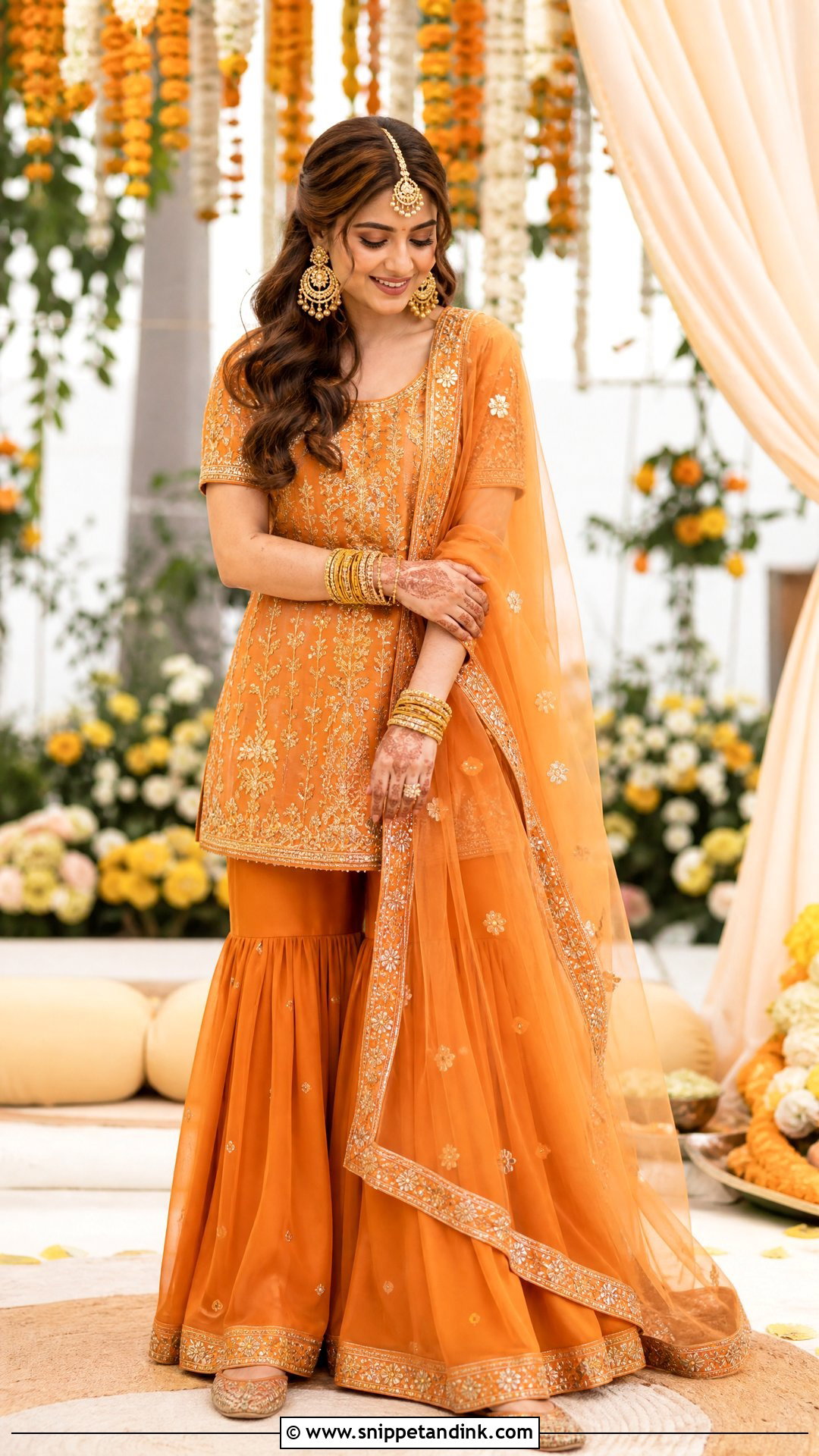 Burnt Orange Sharara With Short Kurti - Snippet and Ink - 20 Orange Haldi Outfit for Bride Ideas