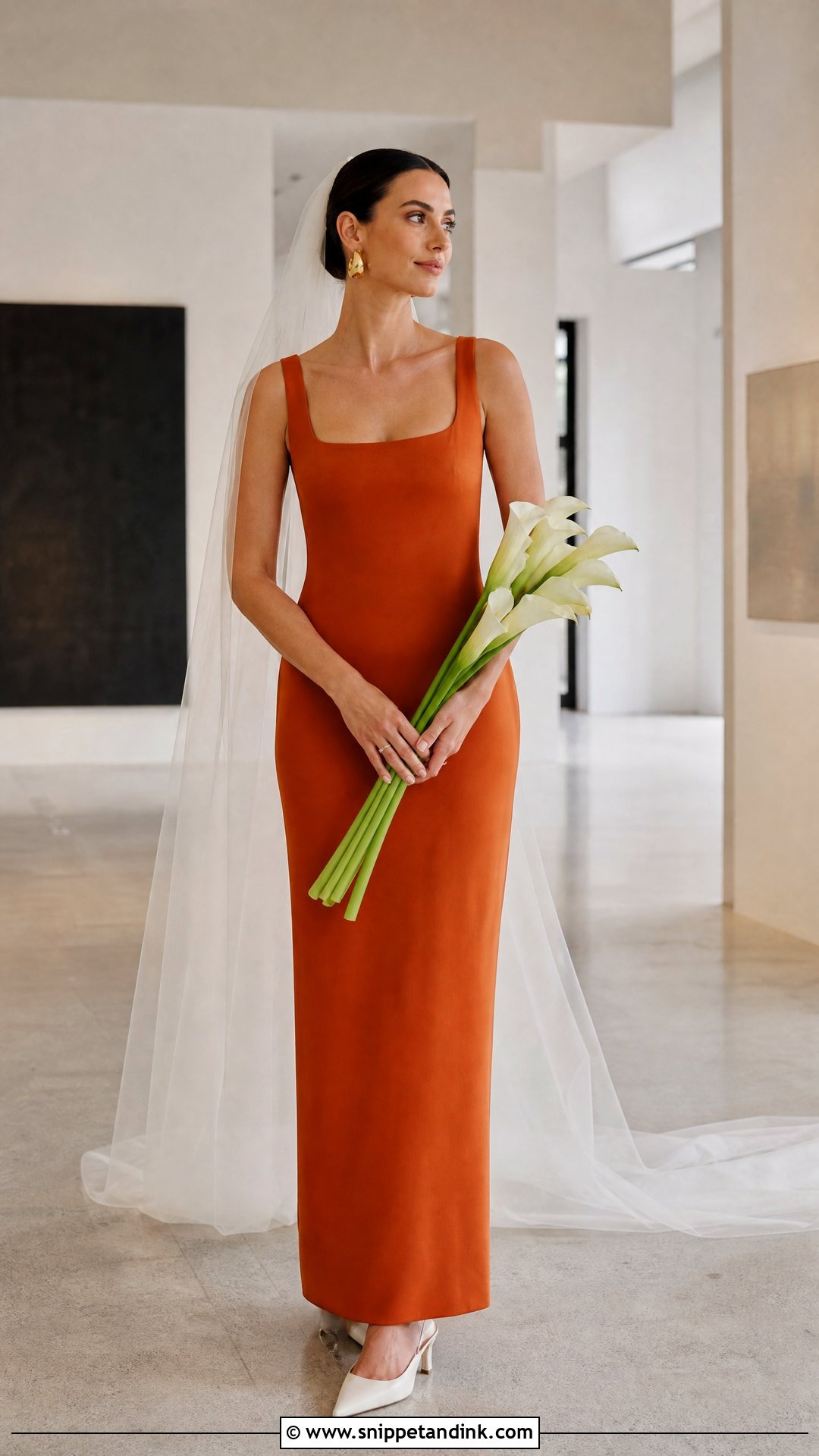 Burnt Orange Square Neck Column Wedding Dress - Snippet and Ink - 25 Burnt Orange Wedding Dress Ideas