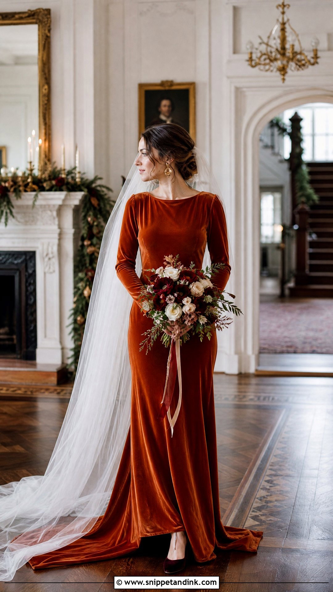 Burnt Orange Velvet Long Sleeve Wedding Dress - Snippet and Ink - 25 Burnt Orange Wedding Dress Ideas