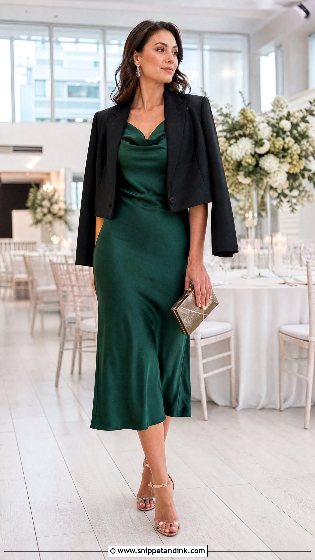 Business Casual Wedding Satin Midi Dress Outfit - Snippet and Ink - 20 Business Casual Wedding Attire Women Ideas