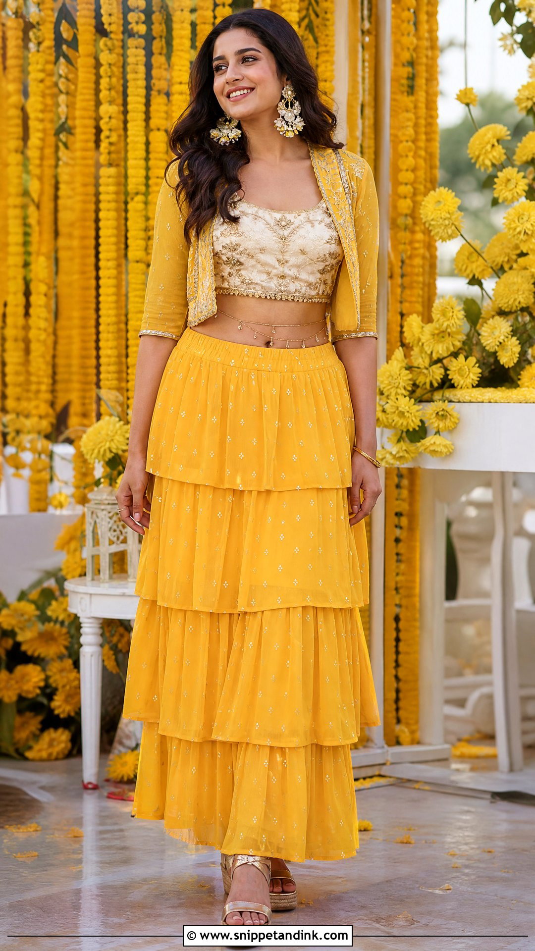 Bustier Tiered Skirt Jacket Haldi Outfit - Snippet and Ink - 20 Haldi Indowestern Outfit Ideas
