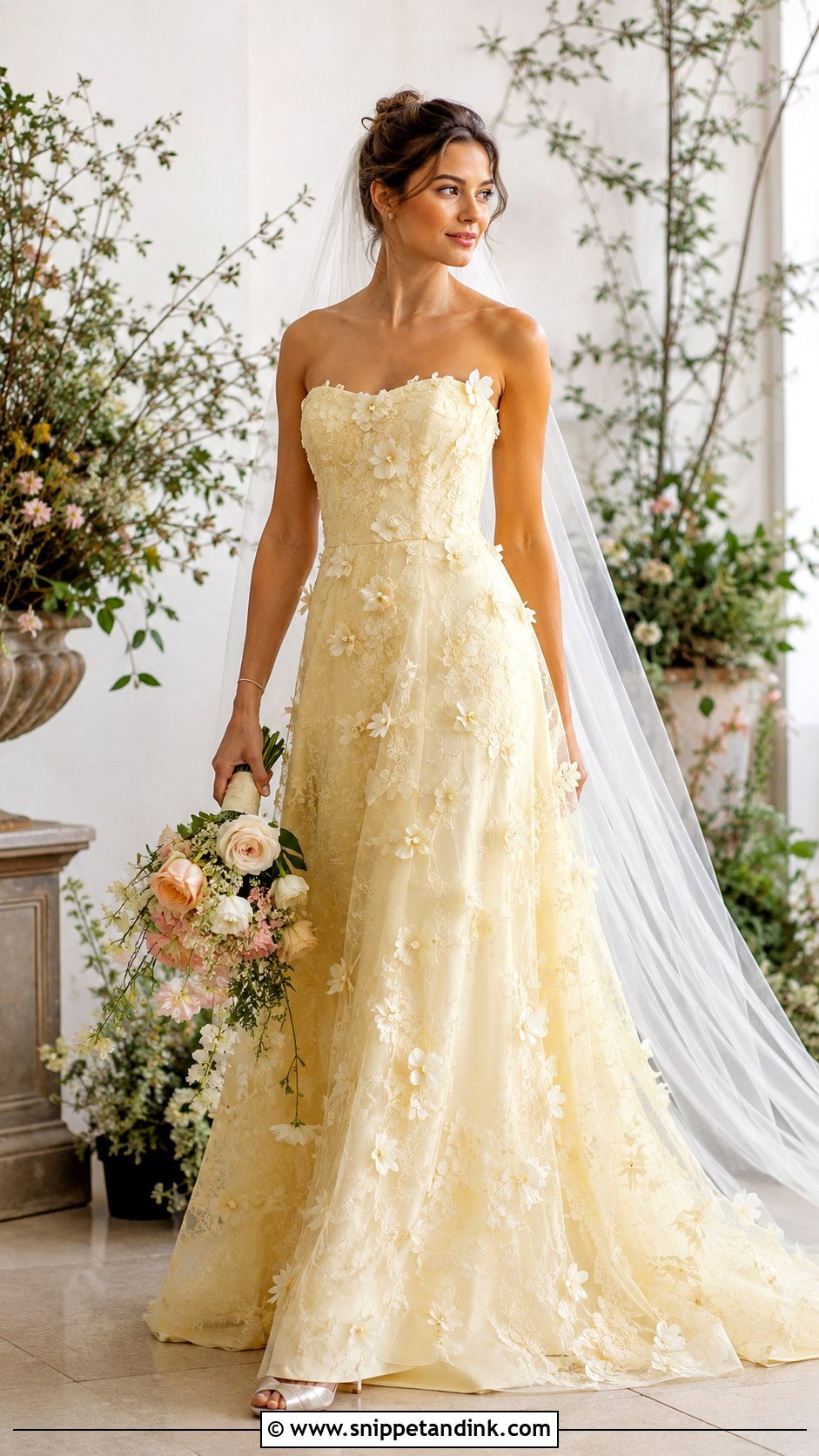Butter Yellow Floral Applique Wedding Dress - Snippet and Ink - 20 Butter Yellow Wedding Dress Ideas
