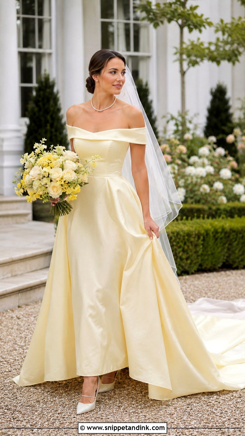 Butter Yellow Off Shoulder Wedding Dress - Snippet and Ink - 20 Butter Yellow Wedding Dress Ideas