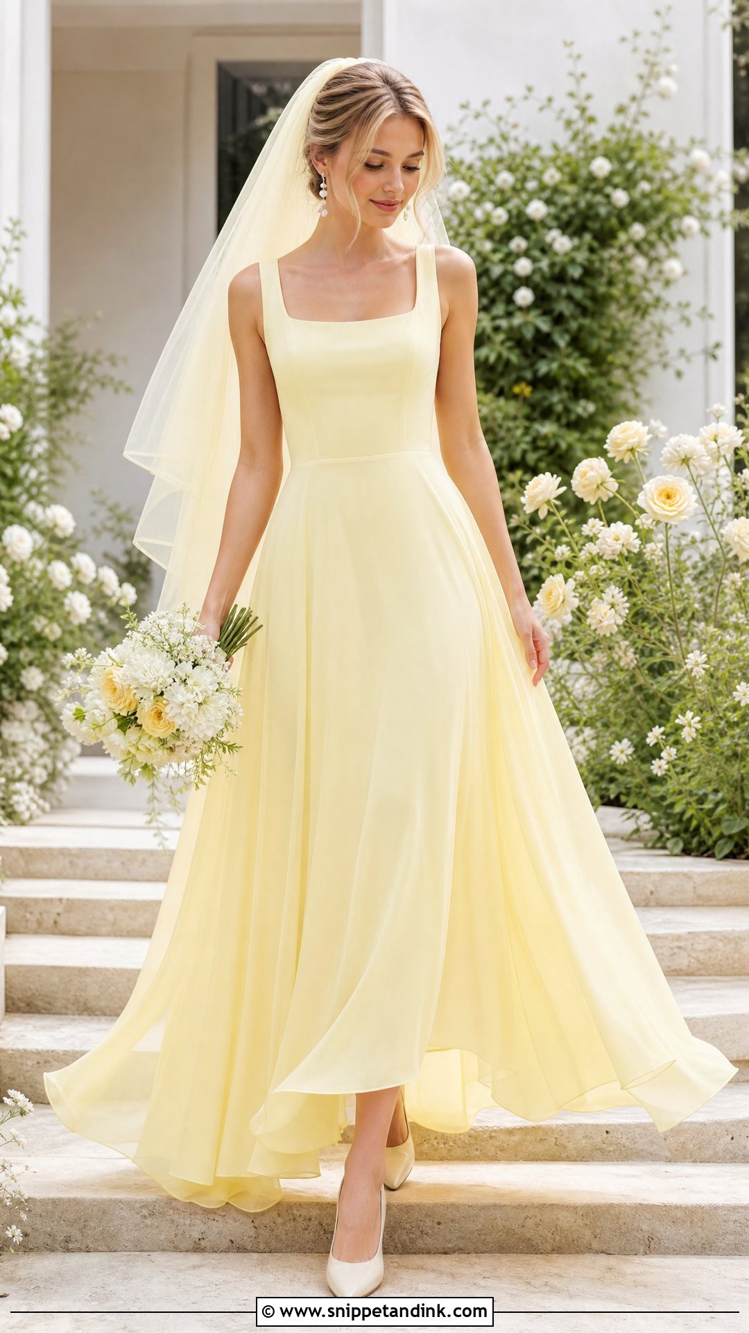 Butter Yellow Wedding Dress With Pearl Accessories - Snippet and Ink - 20 Nontraditional Wedding Dress Color Ideas