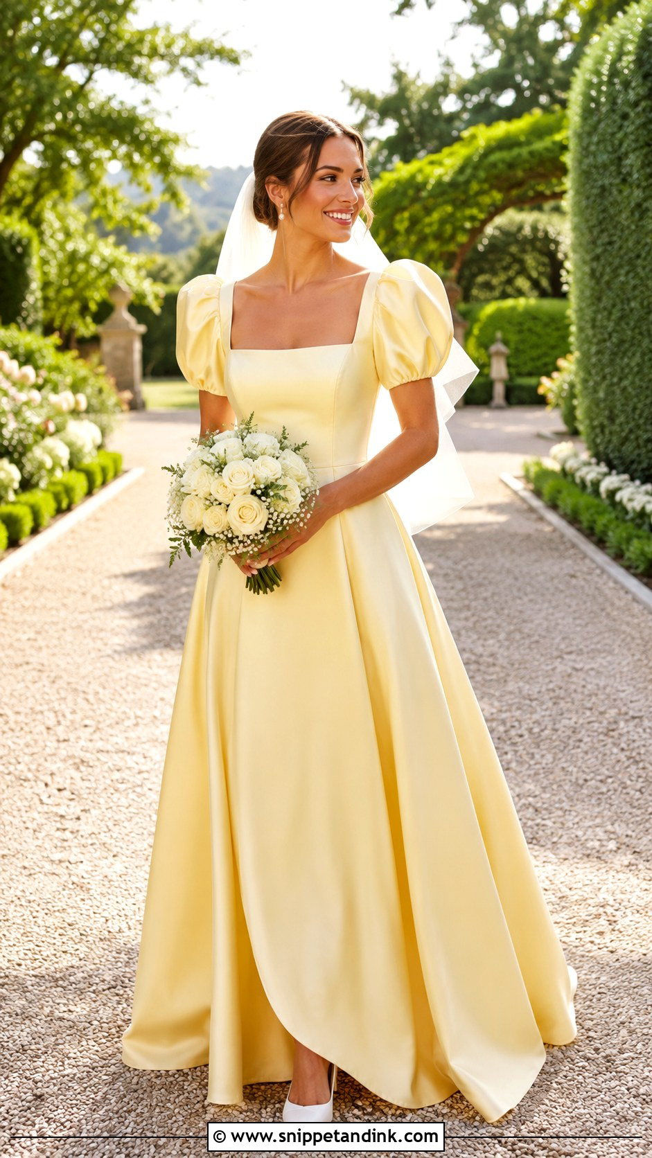 Butter Yellow Wedding Dress With White Accessories - Snippet and Ink - 20 Colorful Wedding Dresses