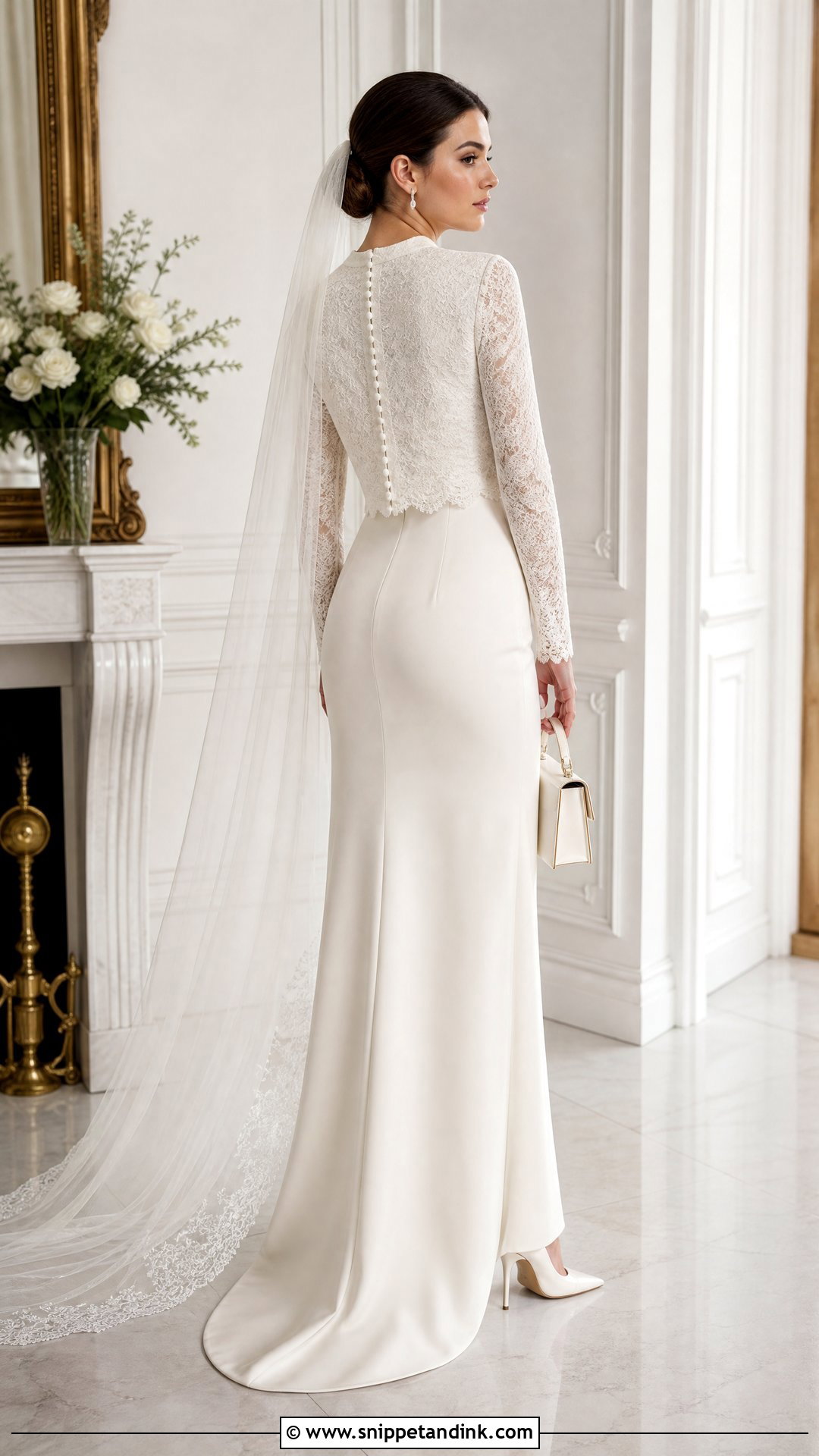 Button Back Lace Bolero With Crepe Column Dress - Snippet and Ink - 25 Lace Bolero Wedding Ideas