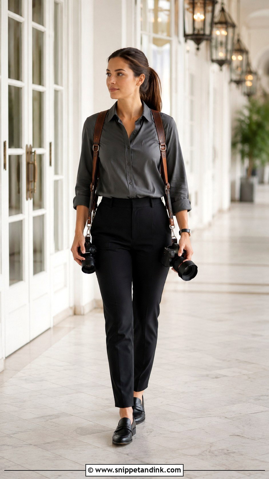 Button Down Shirt And Black Pants Wedding Photographer Outfit - Snippet and Ink - 30 Wedding Photographer Outfit Ideas