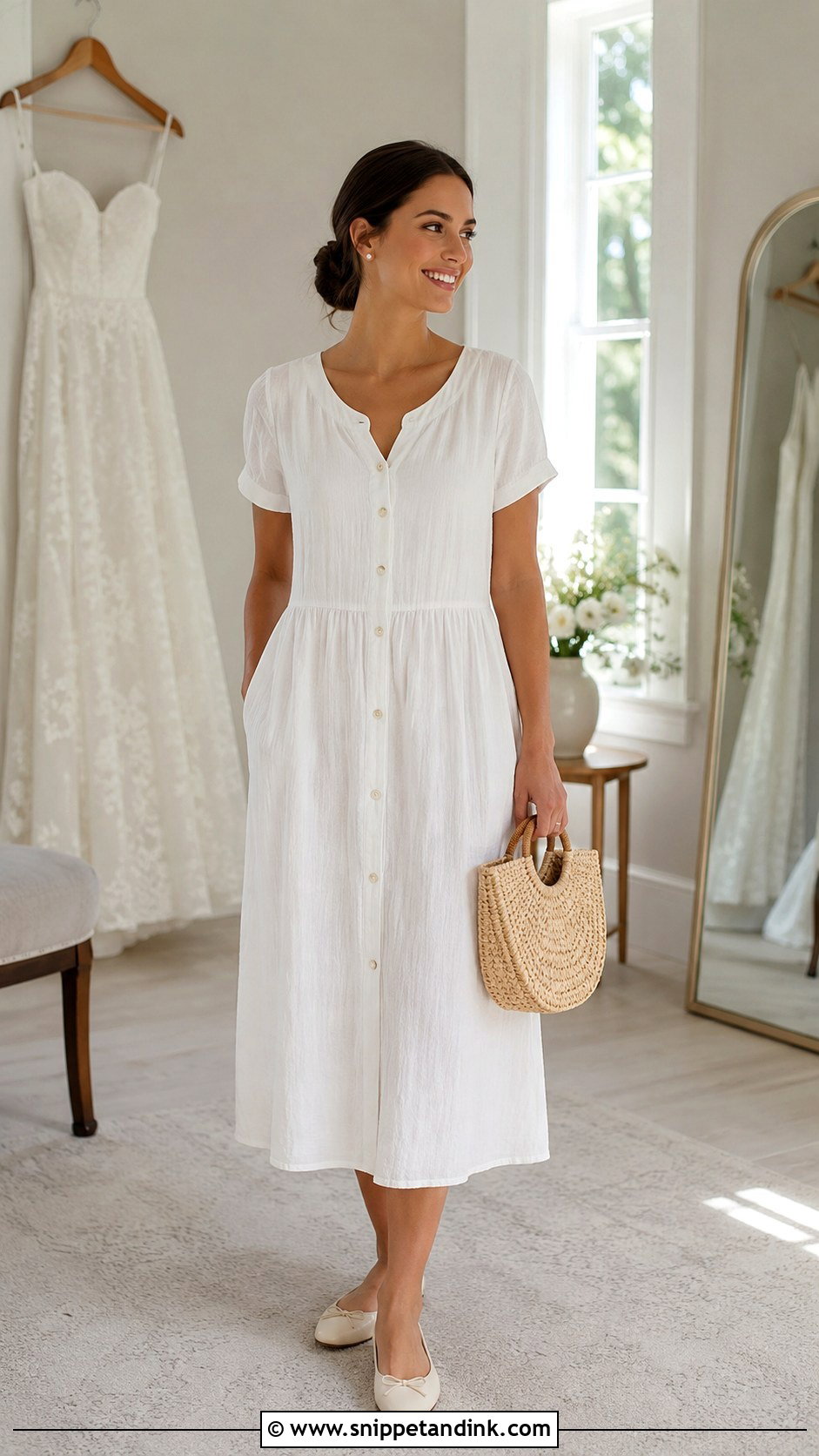 Button Front House Dress Wedding Morning Outfit - Snippet and Ink - 20 Morning of Wedding Outfit Ideas