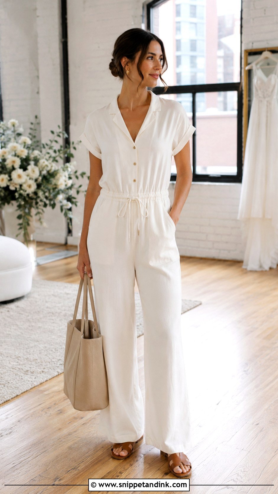Button Front Jumpsuit Wedding Day Getting Ready Outfit - Snippet and Ink - 20 Wedding Day Getting Ready Outfit Ideas
