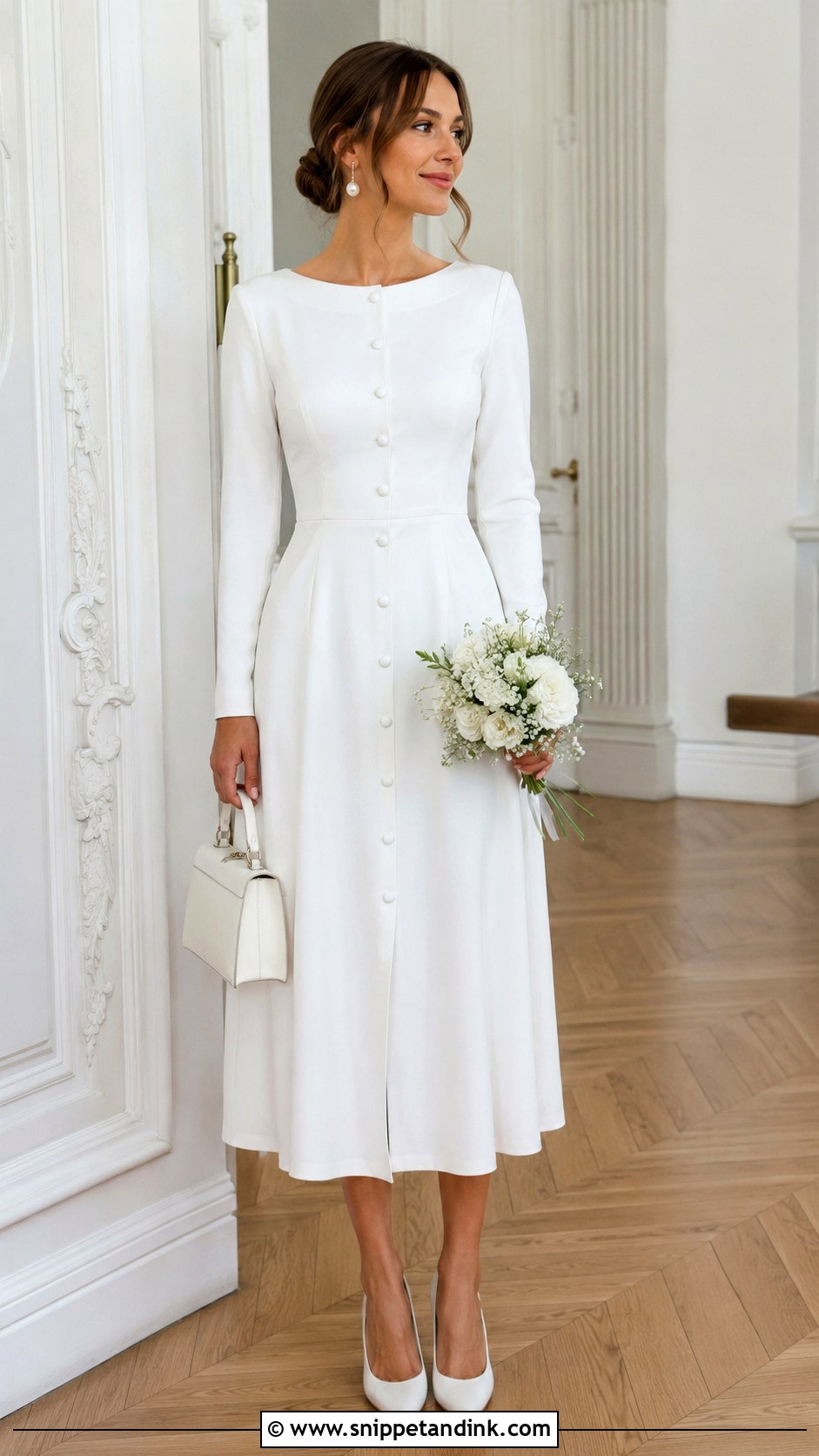 Button Front Midi Civil Wedding Dress With Closed Toe Heels - Snippet and Ink - 25 Civil Wedding Dress Simple Midi Ideas