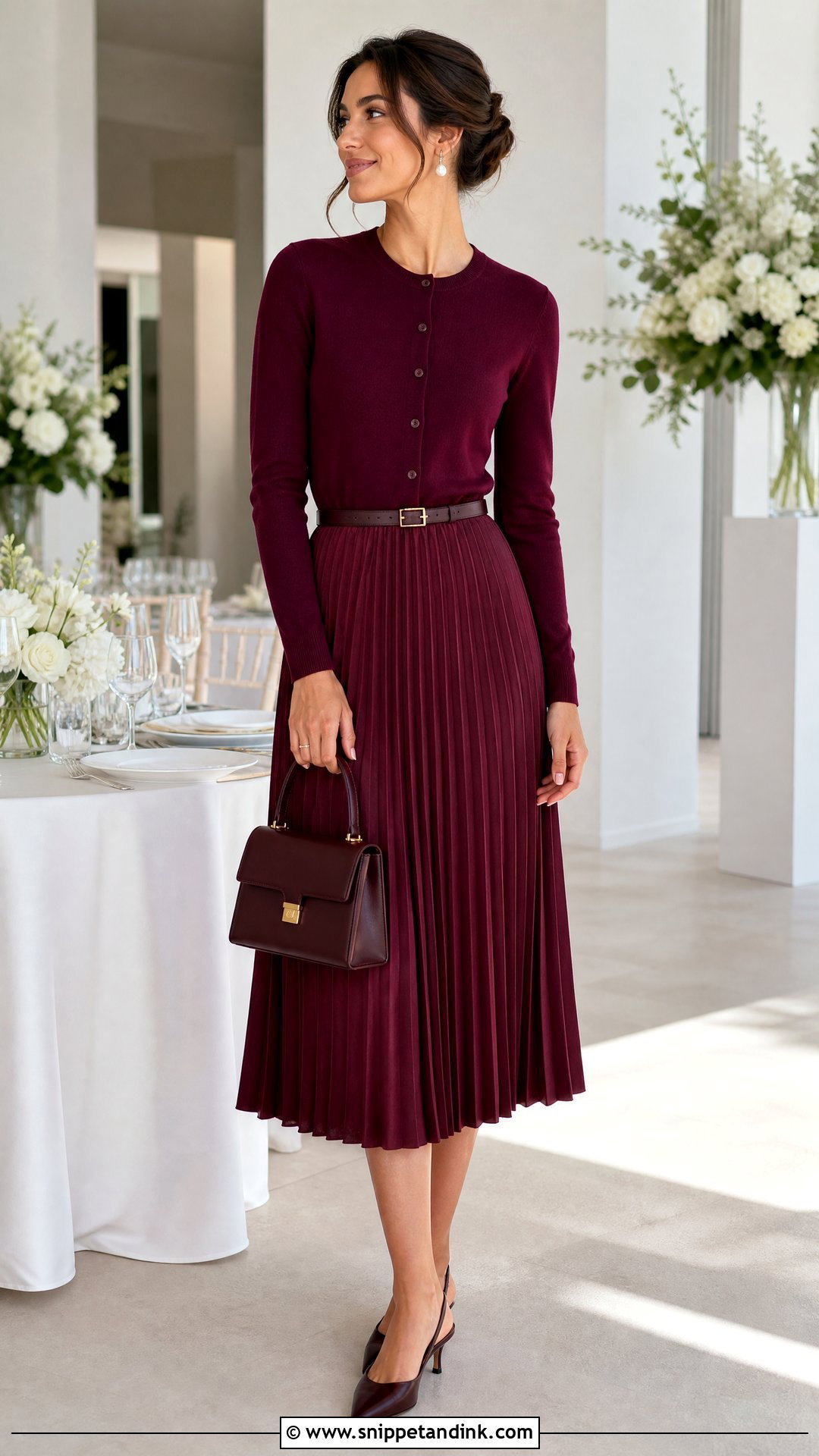 Buttoned Cardigan With Pleated Midi Skirt - Snippet and Ink - 20 Wedding Cardigan Ideas