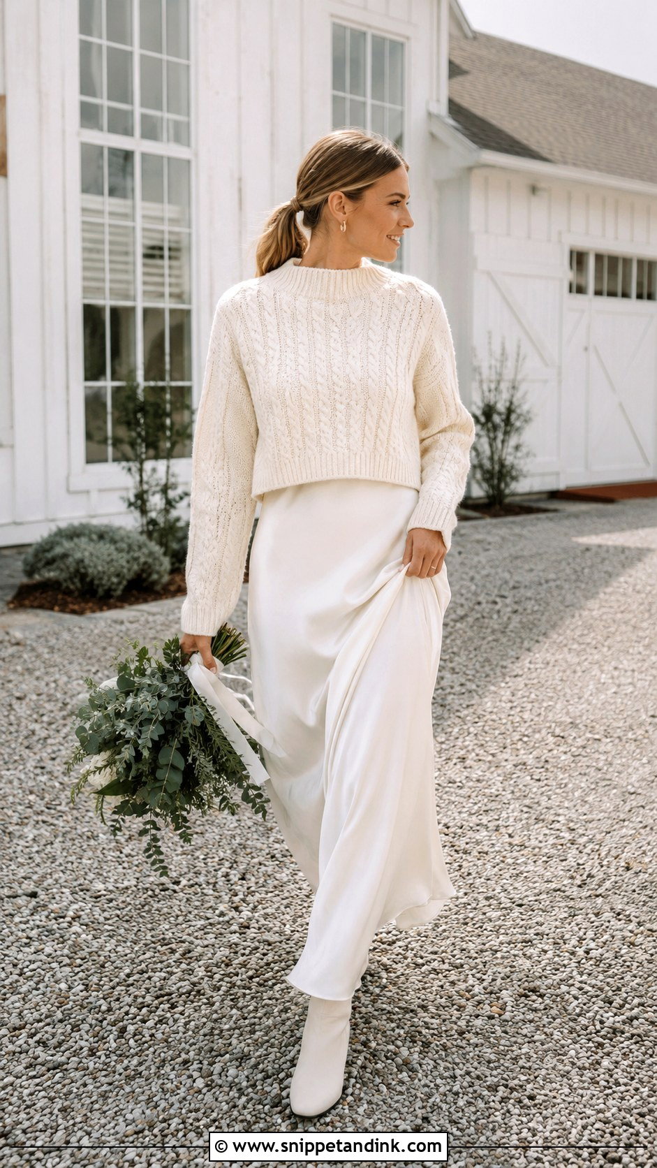 Cable Knit Bride Sweater With Satin Gown - Snippet and Ink - 20 Bride Sweater Ideas