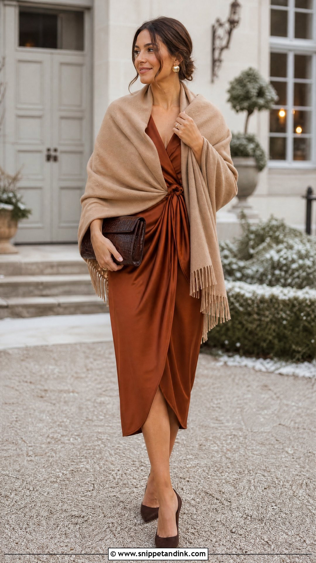 Camel Cashmere Shawl With Rust Wedding Guest Dress - Snippet and Ink - 20 Winter Wedding Shawl Ideas