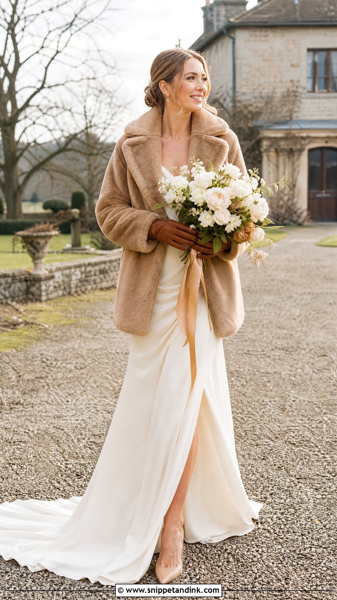 Camel Fur Coat With Ivory Wedding Dress - Snippet and Ink - 20 Wedding Fur Coat Ideas