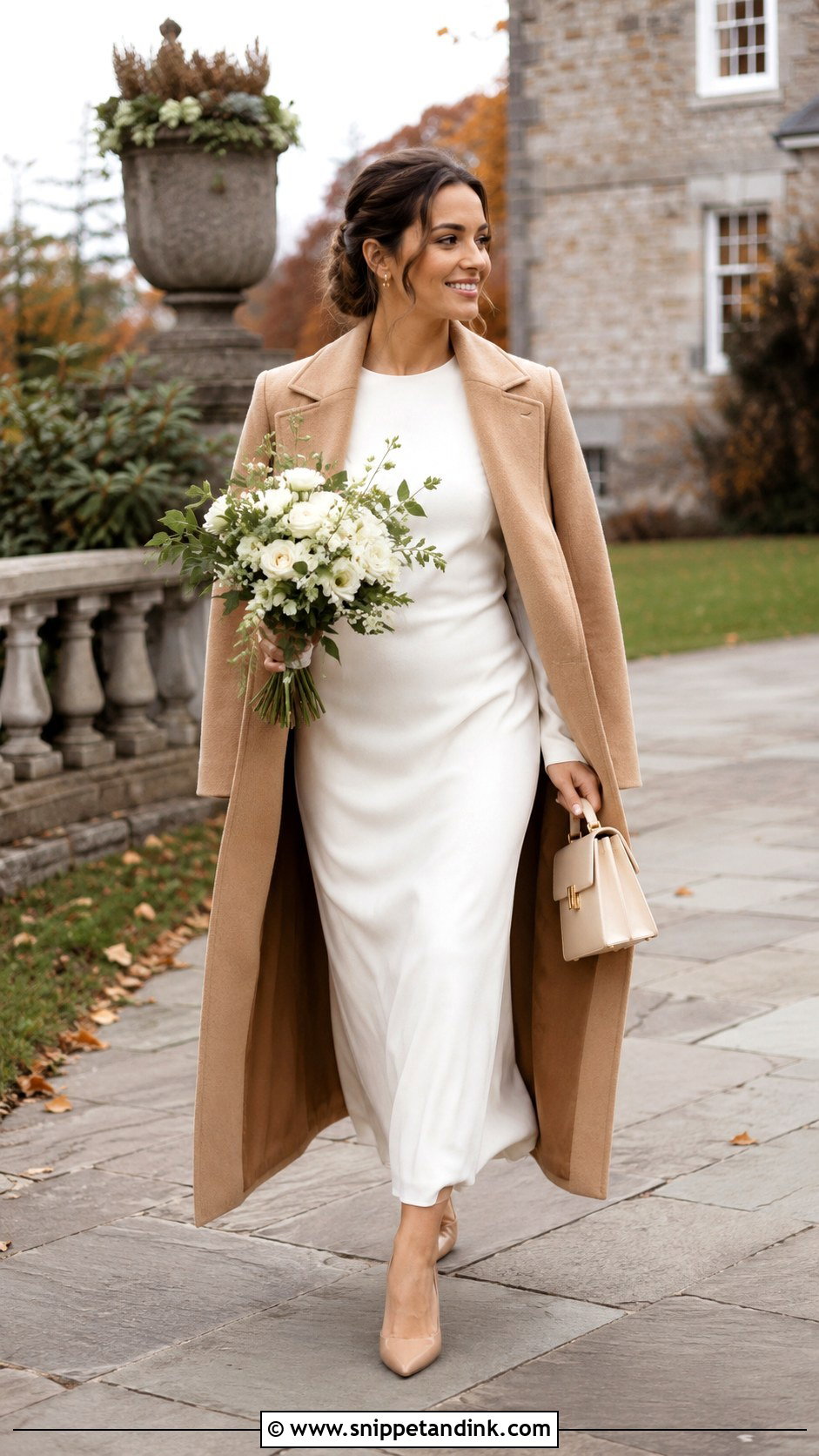 Camel Wedding Coat With Ivory Dress - Snippet and Ink - 20 Wedding Coats for Brides Ideas