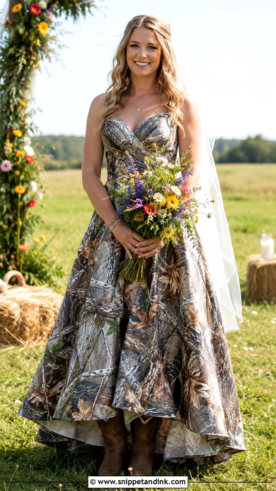 Camo A Line Wedding Dress With Wildflower Bouquet - Snippet and Ink - 25 Camo Wedding Dress Ideas