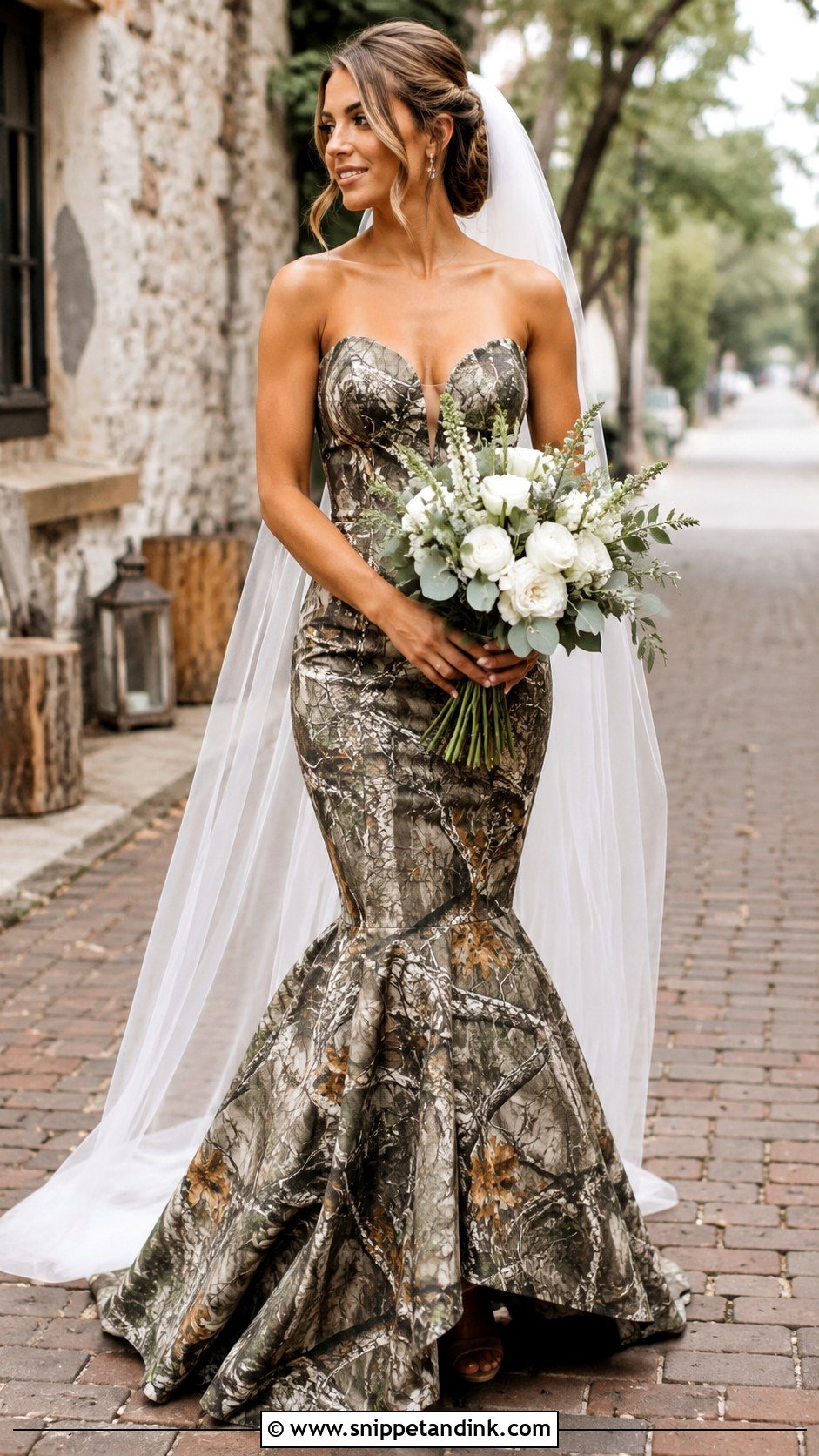 Camo Mermaid Wedding Dress With Long Veil - Snippet and Ink - 25 Camo Wedding Dress Ideas