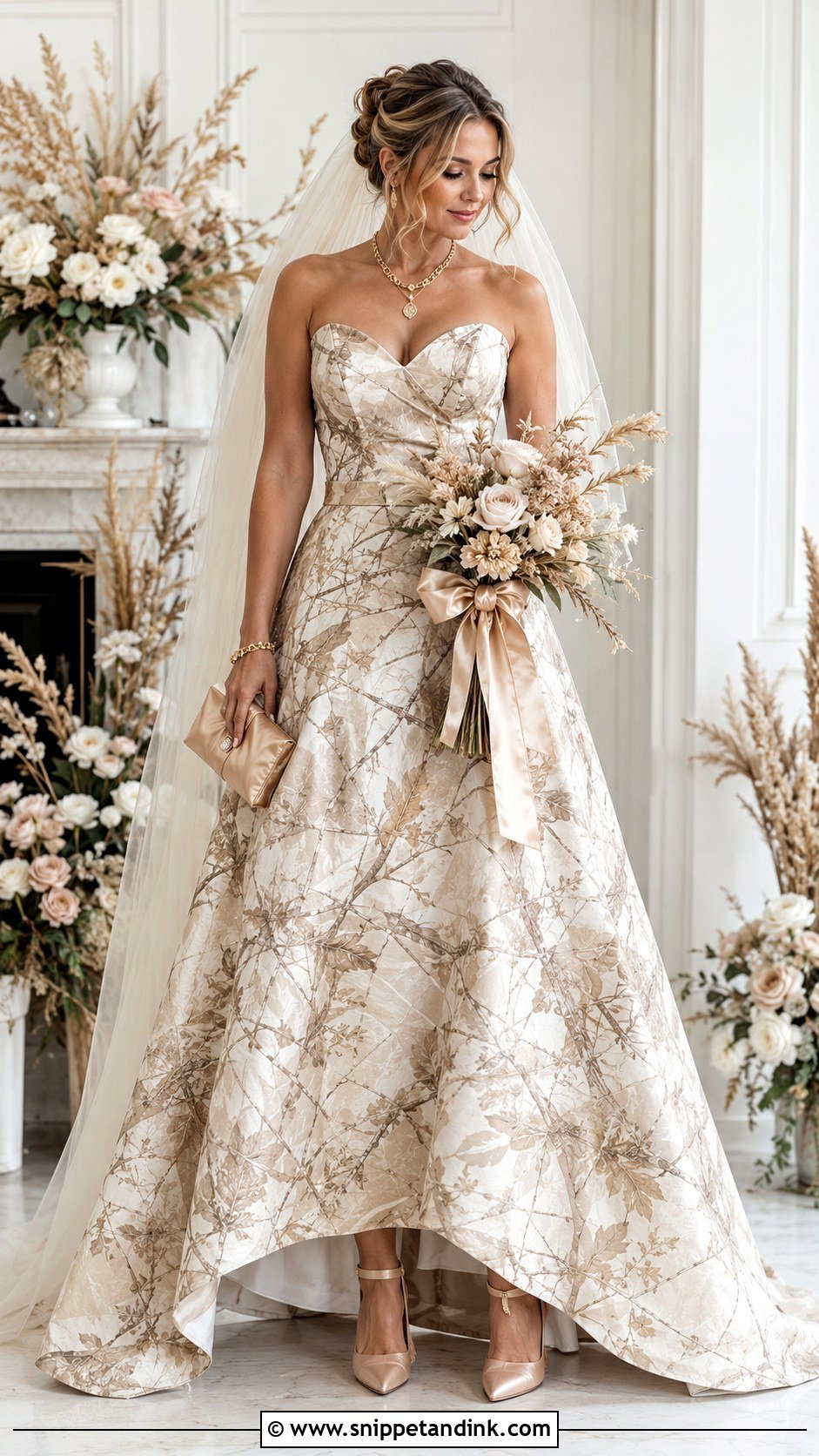 Camo Wedding Dress With Champagne Accessories - Snippet and Ink - 25 Camo Wedding Dress Ideas