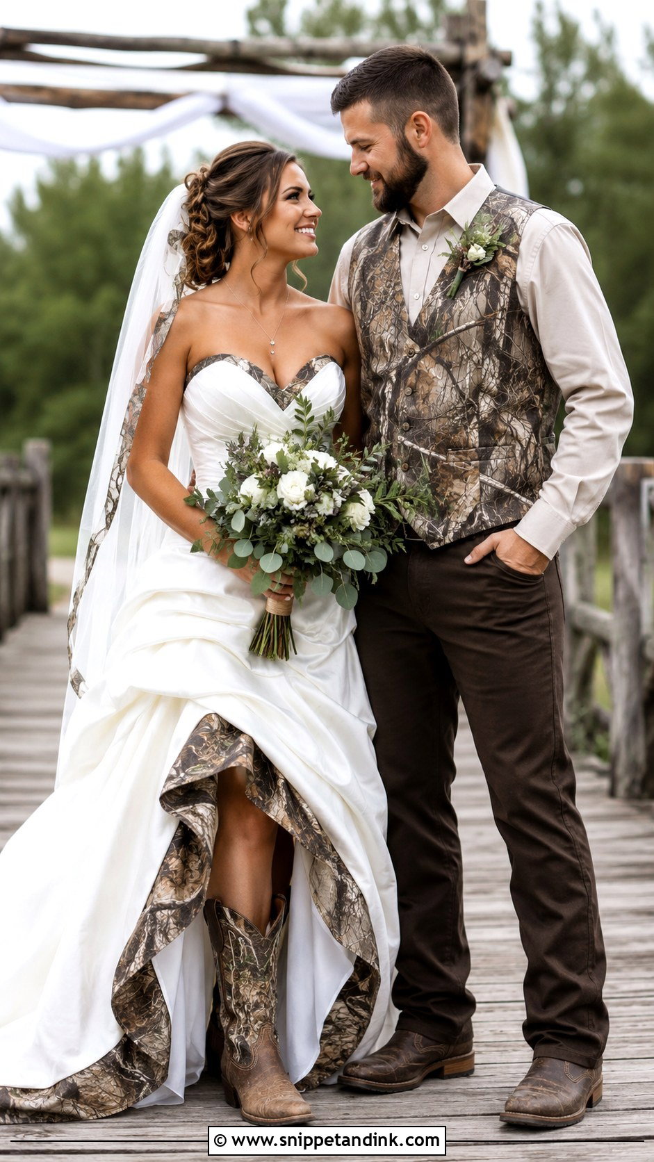 Camo Wedding Dress With Matching Groom Vest - Snippet and Ink - 25 Camo Wedding Dress Ideas