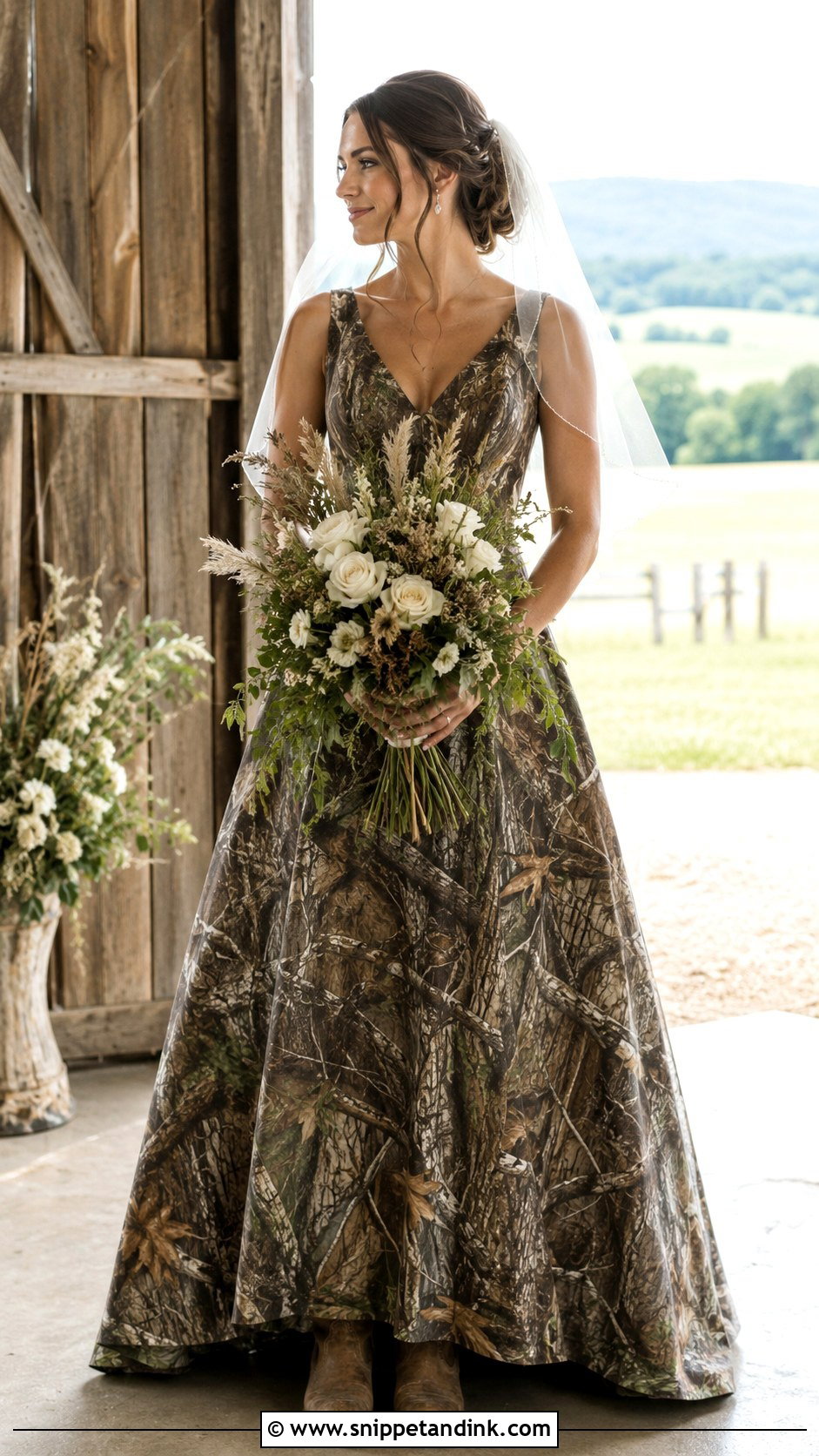 Camo Wedding Dress With Rustic Bridal Bouquet - Snippet and Ink - 25 Camo Wedding Dress Ideas