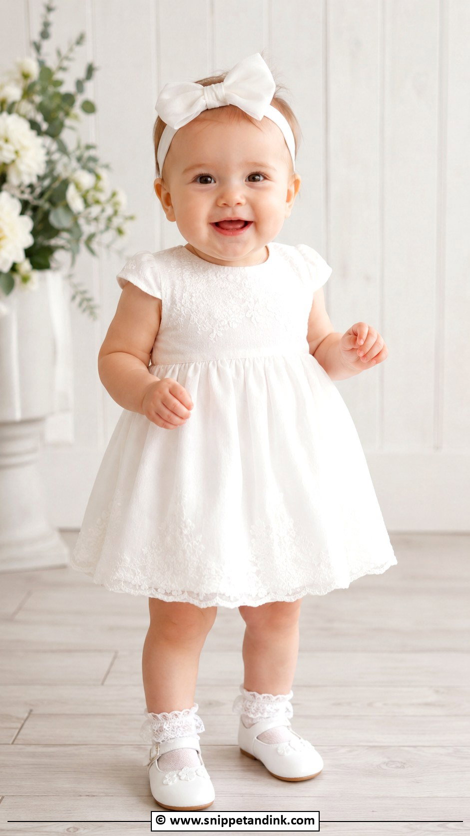 Cap Sleeve Baptism Dress With Bow Headband - Snippet and Ink - 25 Baby Girl Baptism Dress Ideas