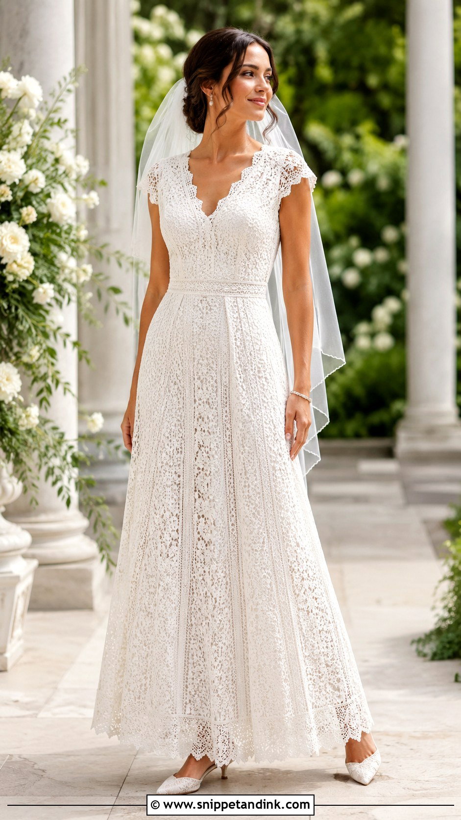 Cap Sleeve Crochet Wedding Dress With A Line Skirt - Snippet and Ink - 20 DIY Crochet Wedding Dress Ideas