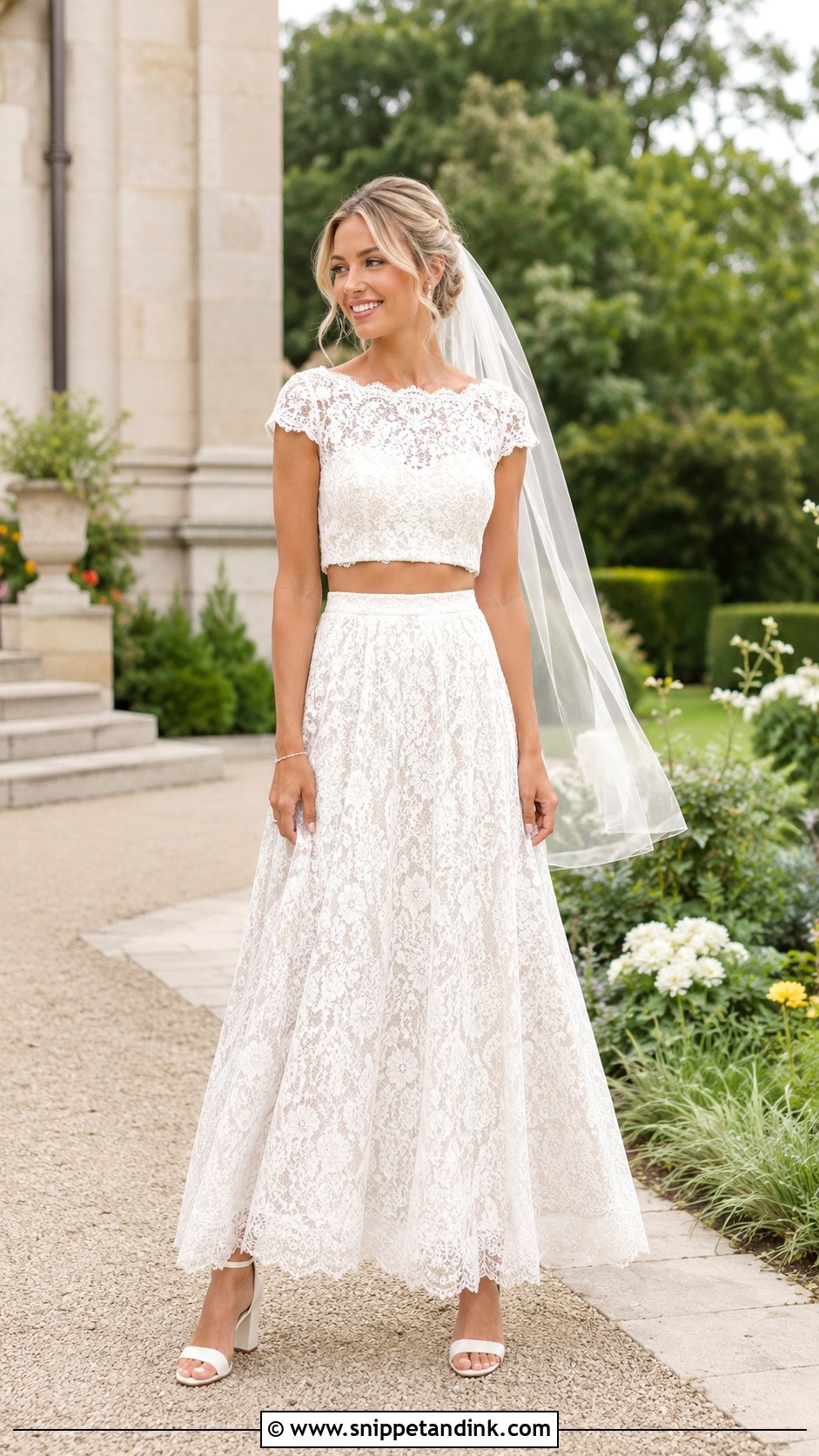 Cap Sleeve Crop Top Wedding Dress With Lace Skirt - Snippet and Ink - 20 Crop Top Wedding Dress Ideas