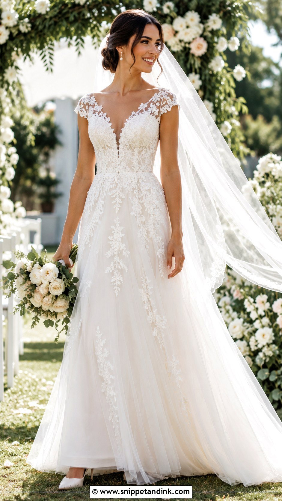 Cap Sleeve Lace Applique Wedding Dress - Snippet and Ink - 20 Lace Applique Wedding Dress Ideas