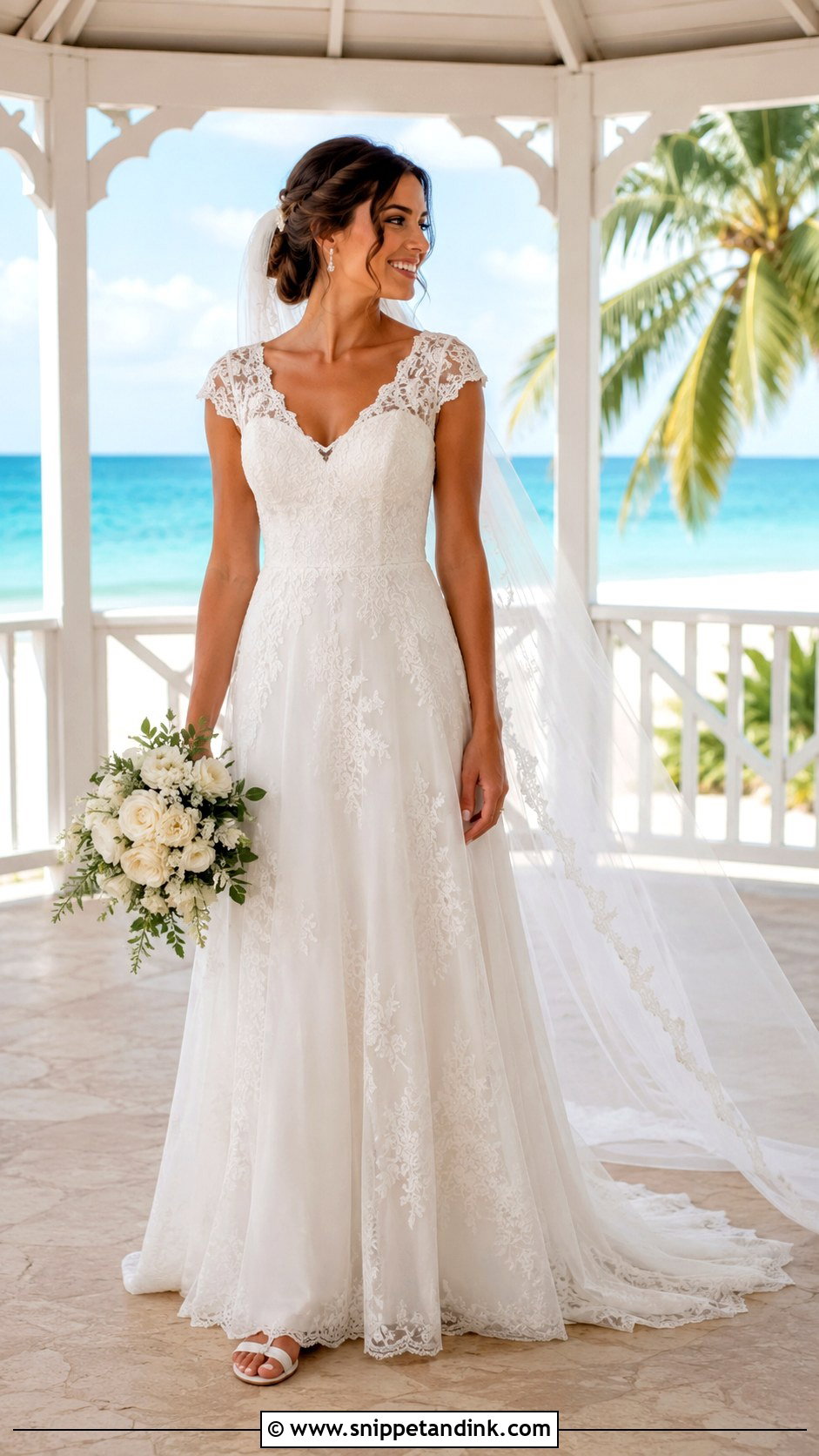 Cap Sleeve Lace Caribbean Wedding Dress - Snippet and Ink - 20 Caribbean Wedding Dress Ideas